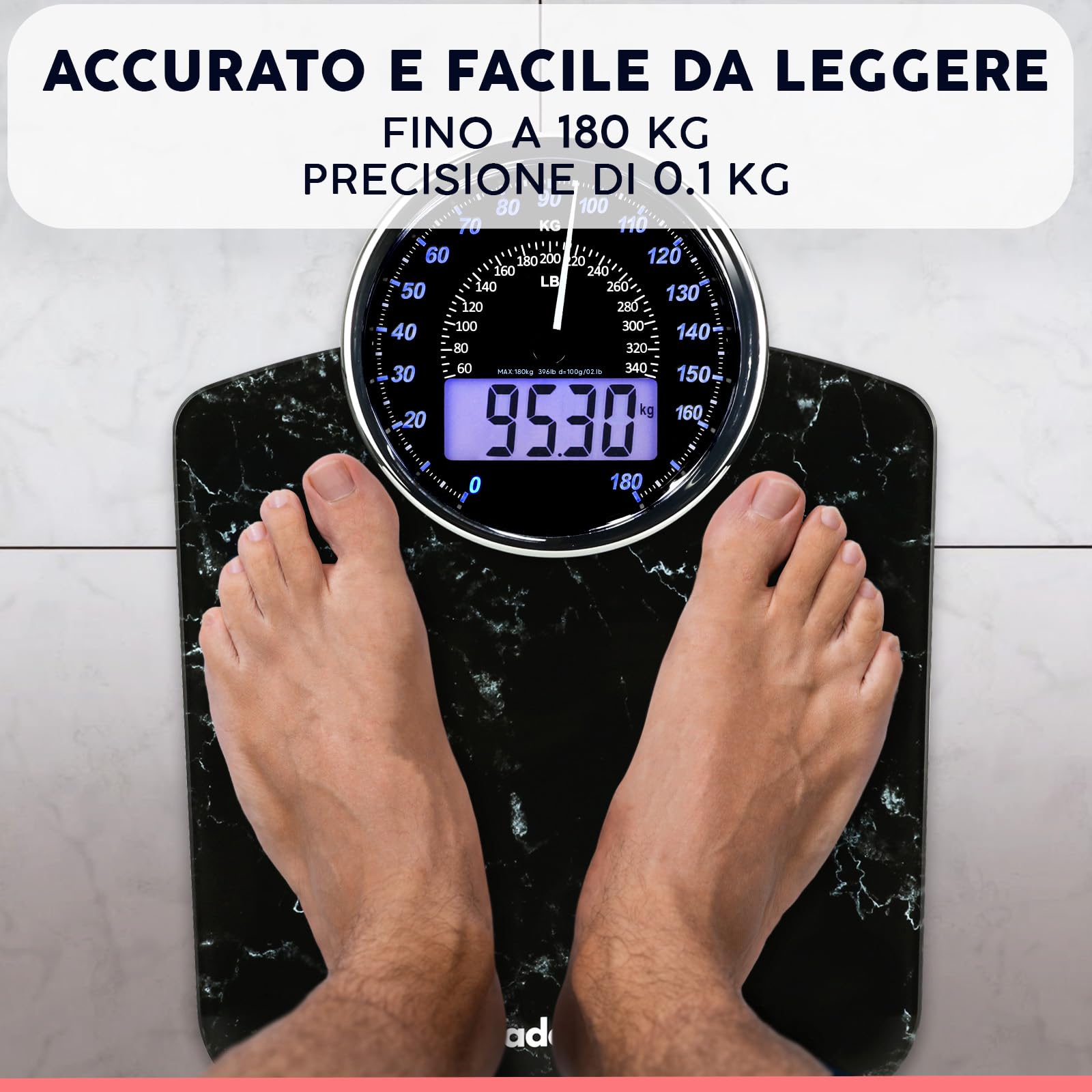 Hybrid Bilancia Pesapersone - Analogica & Digitale, Precisa fino a 180 kg | Leggete il peso su quadrante analogico e LCD insieme. Piattaforma larga, 3 batterie AAA incluse, pronta all'uso.