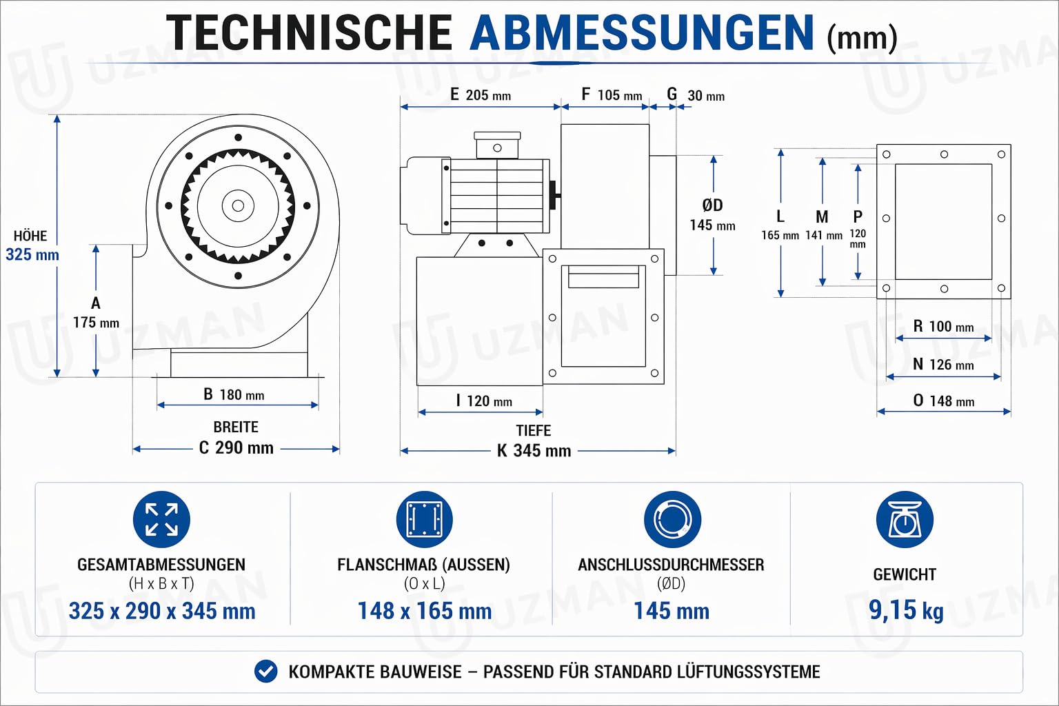 UZMAN Ventilatore Radiale OB200M 1800 m³/h Ventola di Aspirazione per Uso Industriale, Commerciale e Domestico