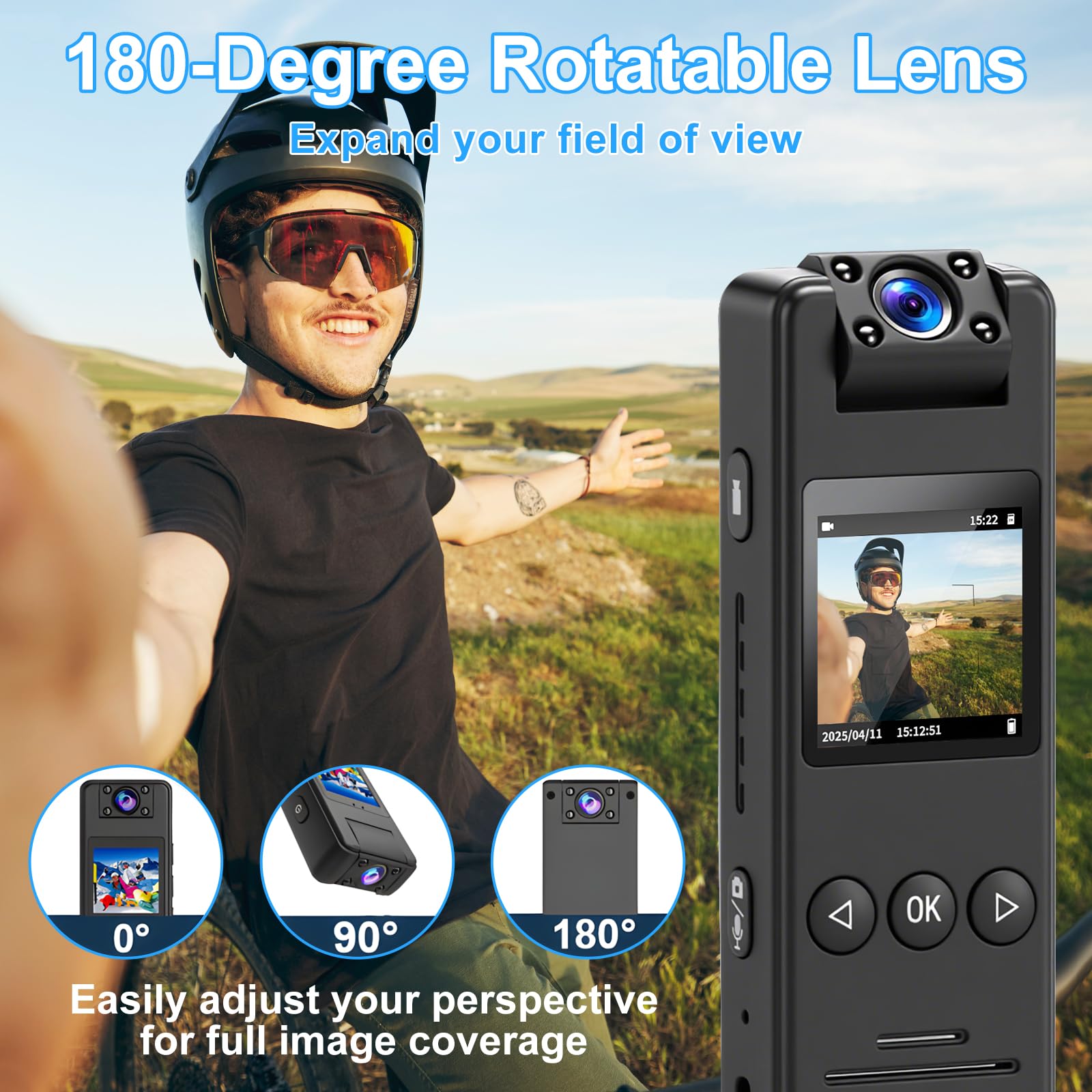 Mini Camara Deportiva, Cámara Corporal con Grabación de Audio y Vídeo,Cámara Accion 1080P con Pantalla 1.3",Lente de 180°,Visión Nocturna,POV Cámara Casco Moto Mini Vlog Camera Video Bodycam