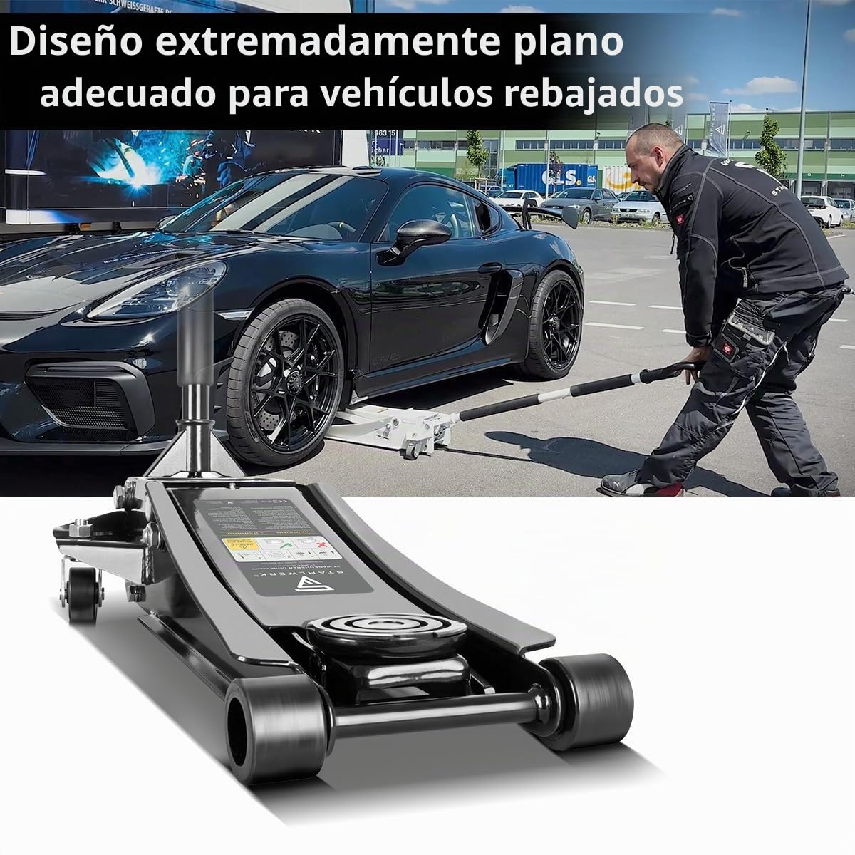 STAHLWERK Gato hidráulico con capacidad de carga de 3 toneladas, extraplano, rango de elevación de 73 a 500 mm, ruedas de goma, pistón doble, gato hidráulico, gato hidráulico (WHB-73 ST)