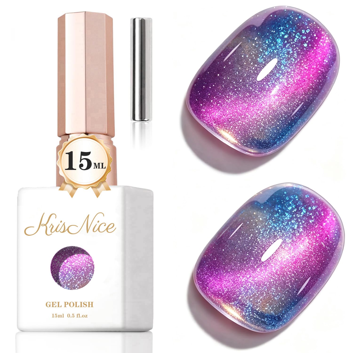 KRISNICE UV Nagellack Cat Eye 15 ML, Gellack mit Magnet, Cat Eye Uv Gel, Glitter Gelnagellack Soak Off Reflective Gel Magnetic Nail Polish für Frauen und Mädchen