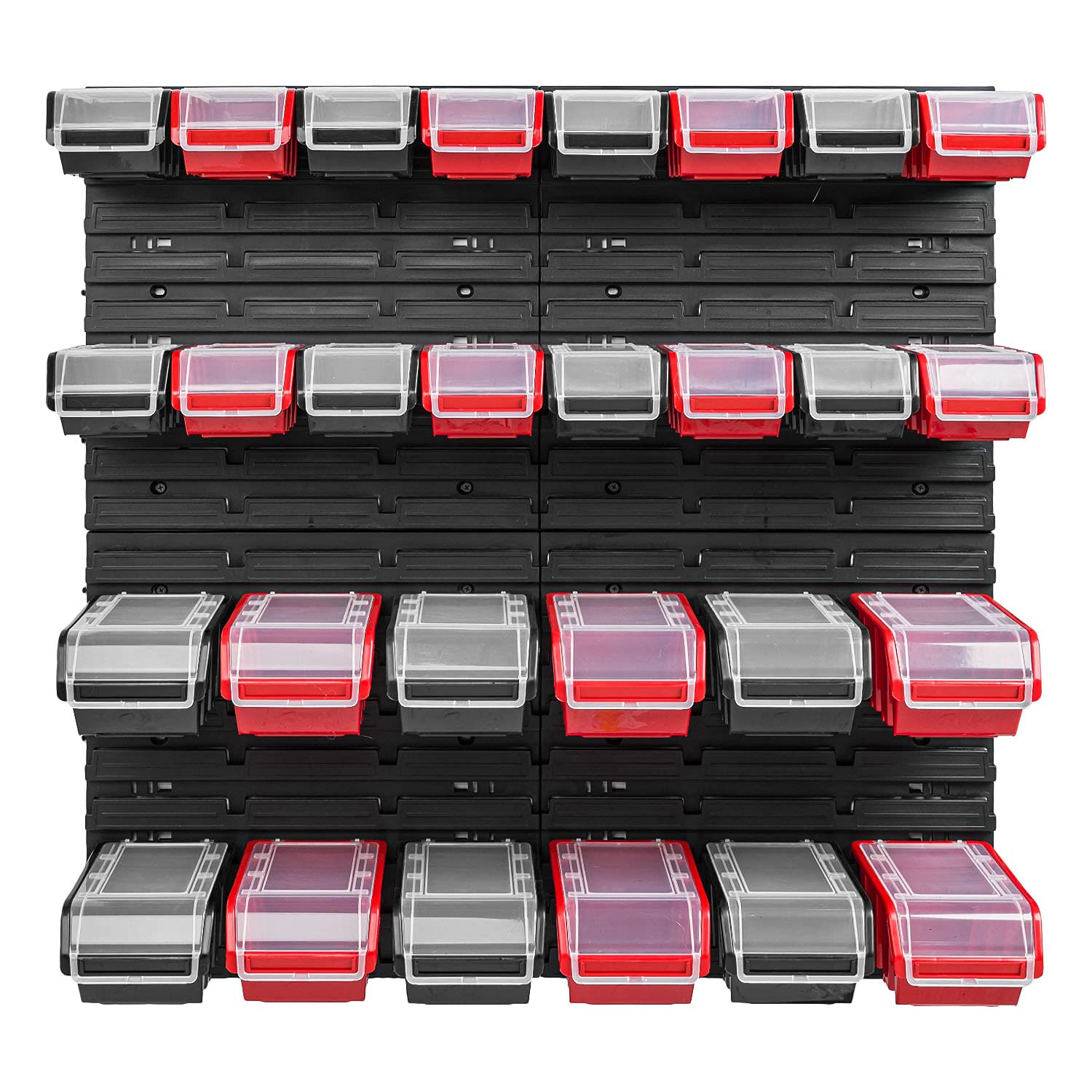 PAFEN Stapelbox Wandregal 772 x 780 mm - Lagersystem 28 Stück Boxen mit Deckel - Lagerregal Sichtlagerkästen Schüttenregal, Schwarz/Rot