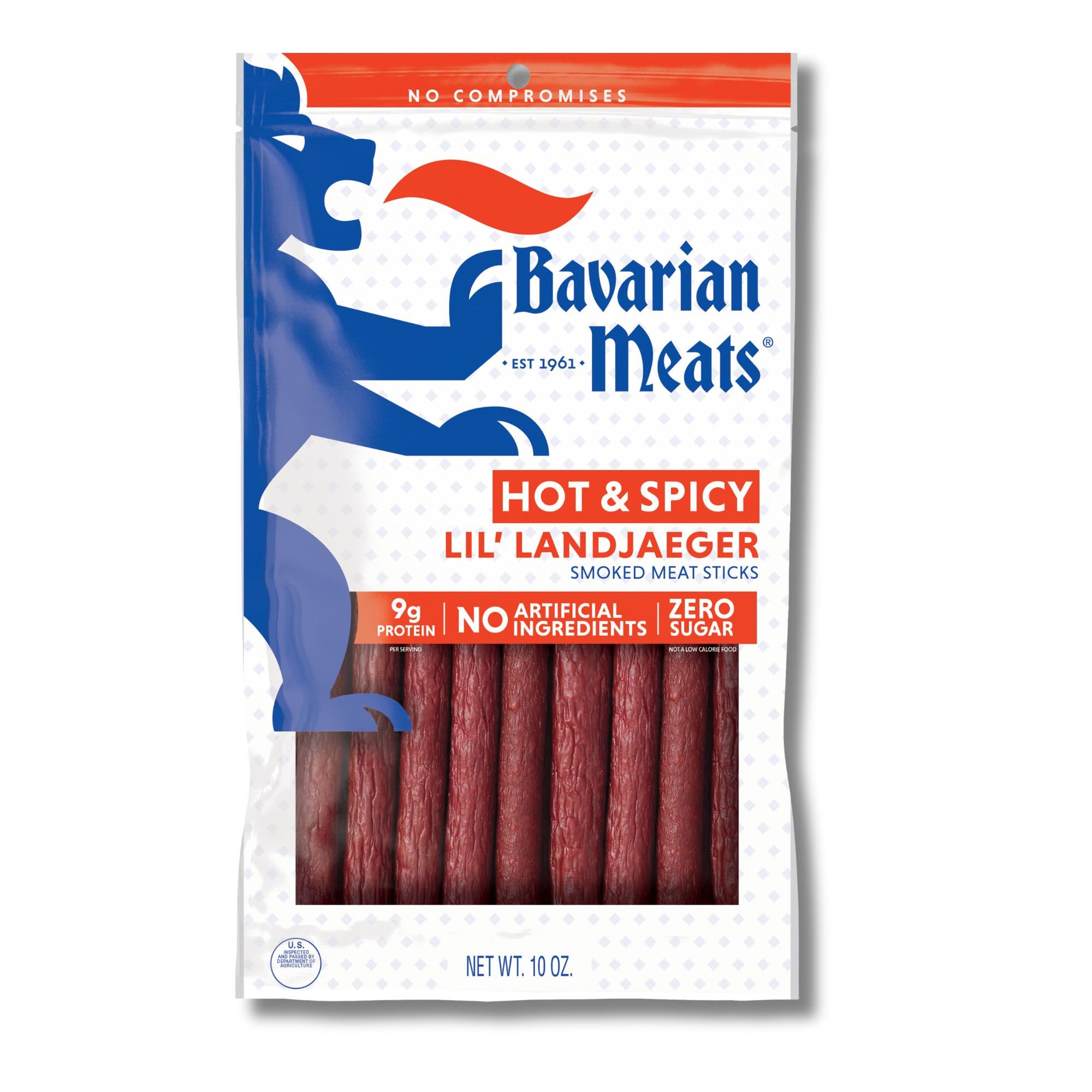 Bavarian Meats Hot & Spicy Lil' Landjaeger Meat Sticks, Smoked Sausage Protein Snacks, Zero Sugar, Great Source of Protein, Gluten Free, Keto Friendly Low Carb Snack, 10 Ounce