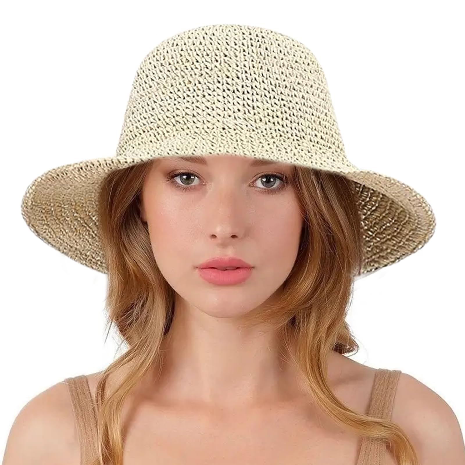 Sombrero de Sol para Mujer,Sombrero de Paja de Las Mujeres, Sombrero de Viaje de Verano Paja de Verano Plegable de ala Ancha para Playa