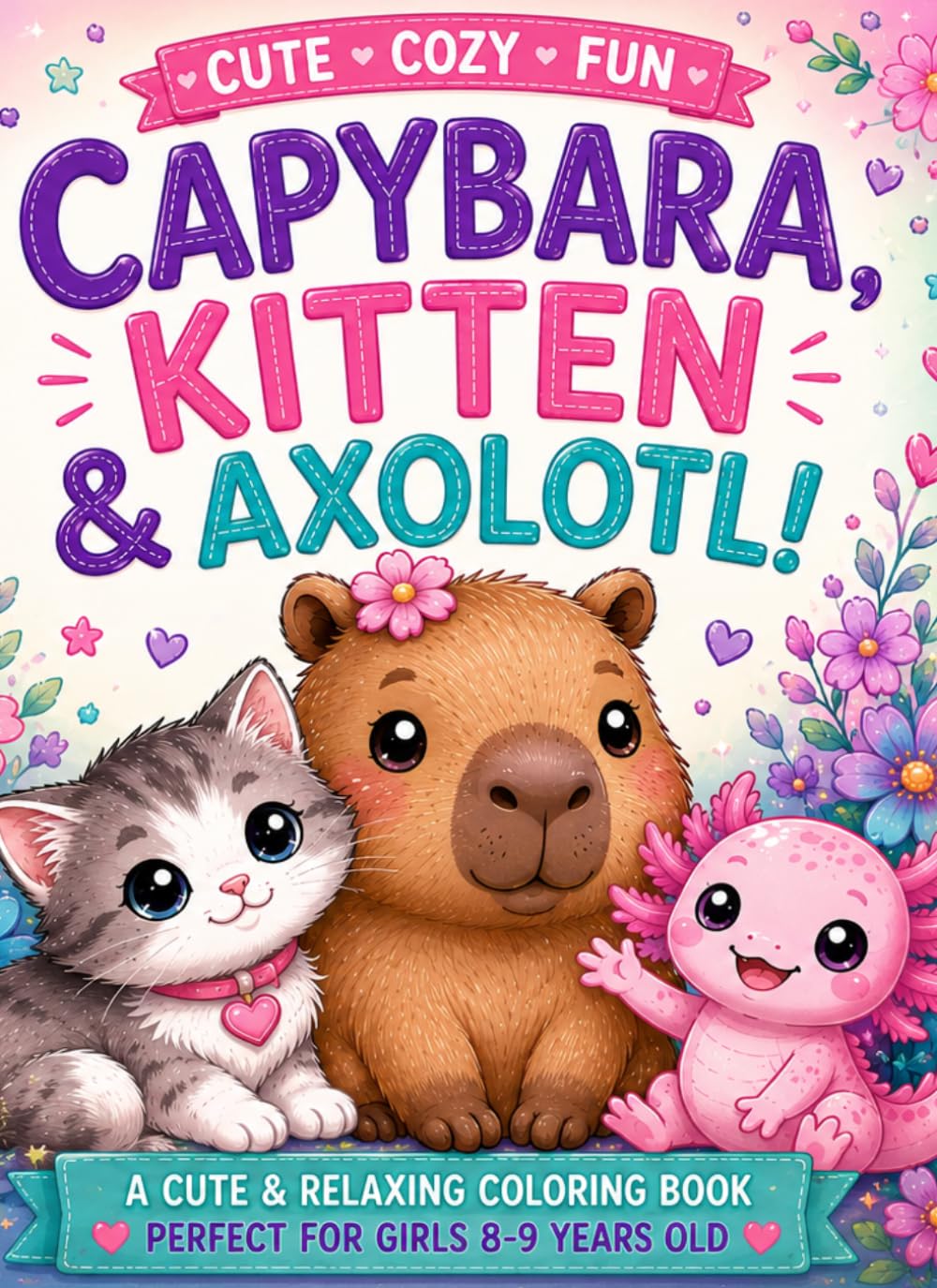 Coloring Book. Capybara, kitten and axolotl!: For girls 8-9years old