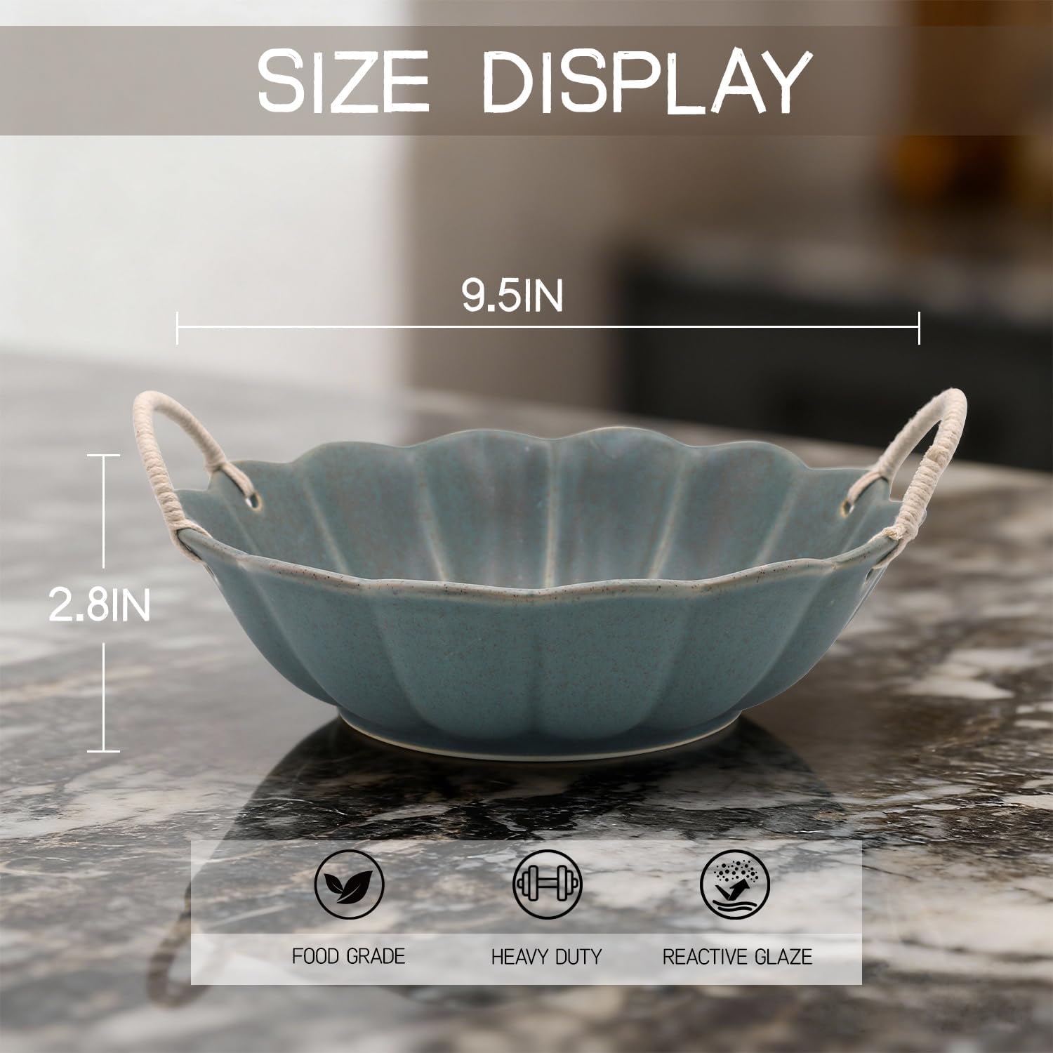 9.5 Inch Retro Ceramic Bowl with Rope Handles - Scalloped Shell-Shaped for Serving Fruit, Salad, Nuts, snacks and Home Decor image 2