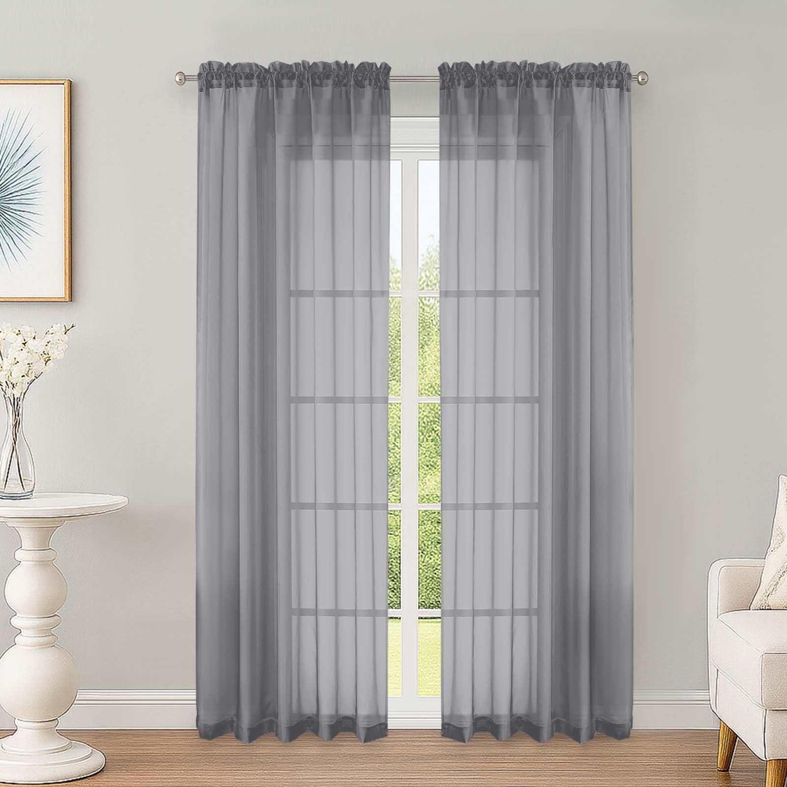 OWENIE Grey Sheer Curtains 72 inch Length 2 Panels Set, Rod Pocket Voile Fimly Sheer Drapes for Living Room/Bedroom, 2pcs, Each 52" W x 72" L