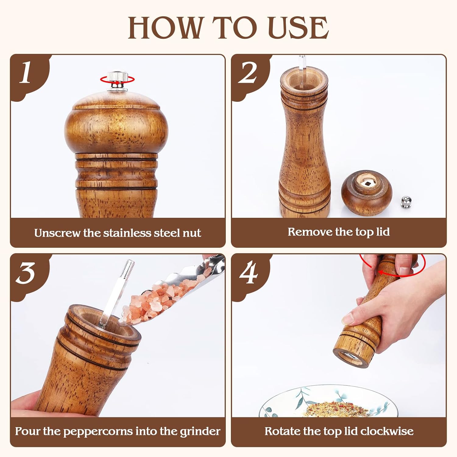 8 Inch Wood Pepper Grinder Pepper Mill,Adjustable Coarseness Wooden Peppermill, Retro Style Ceramic Grinding Mechanism Salt Mill Refillable
