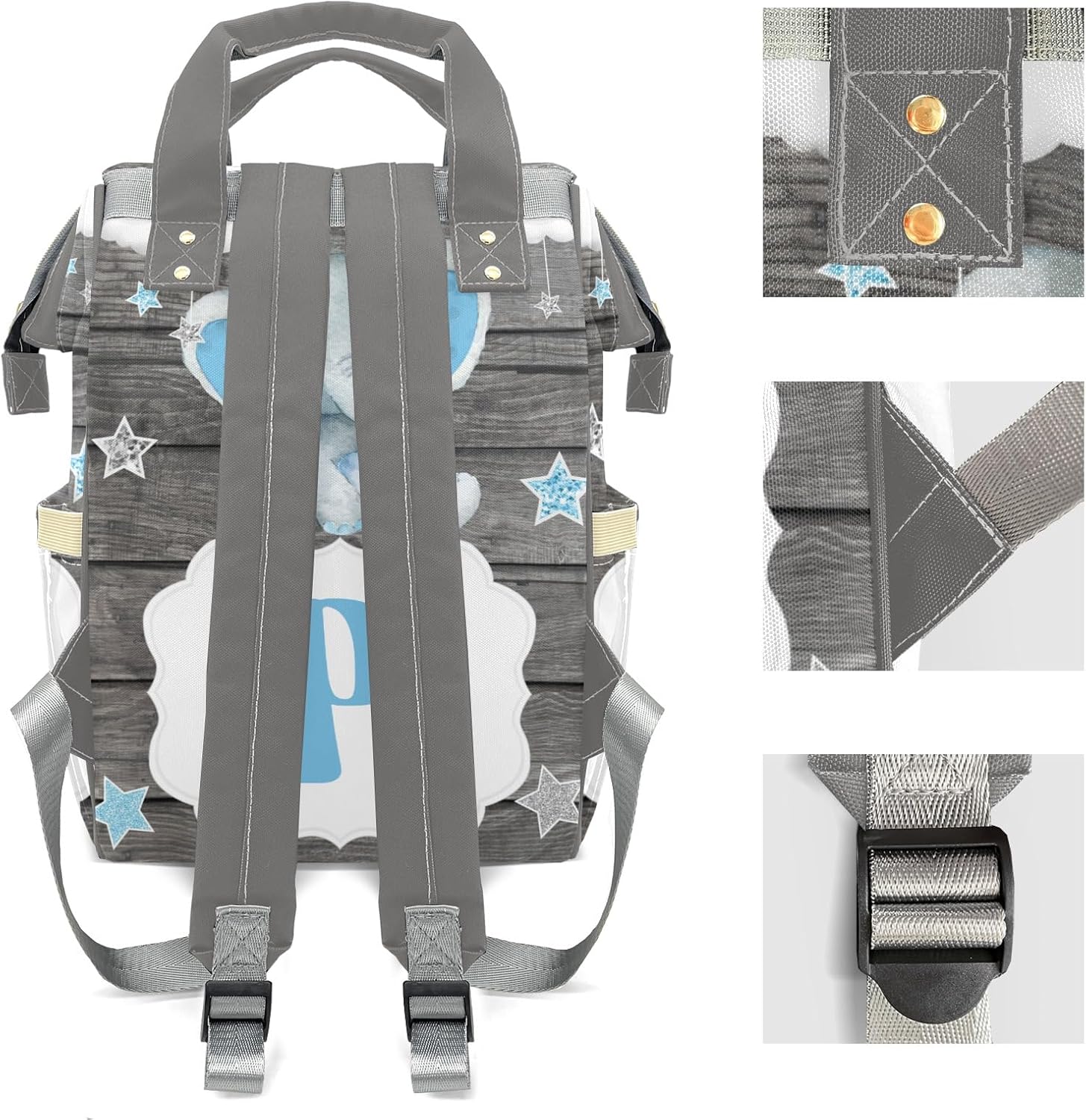 Star Elephant Gray Monogram Personalized Large Capacity Diaper Bags,Custom Name Backpack Casual Daypack Bag Nappy Bag Backpack Gifts for Girls Boys