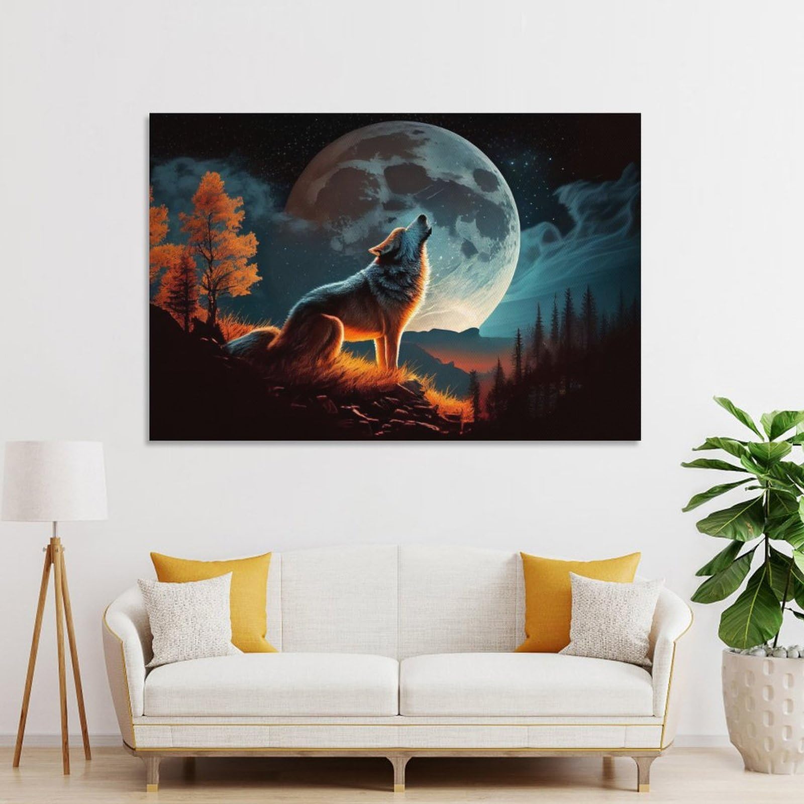 Junmoney Unframe-Style-6-1 Wolf Howling At Moon Wall Art Print Canvas Wall Picture, 20X30inch(50X75cm), For Study, Office Or Focused Interiors, Home Office Artwork With Decorative Appeal