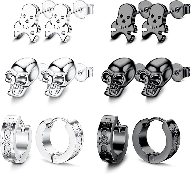 Kakonia 6 Pairs Men's Earrings Stainless Steel Skull Earrings for Men Women Studs Earrings Vintage Punk Earrings Emo Gothic Hoop Black Earrings Men Huggie Earrings Aesthetic Skull Jewellery