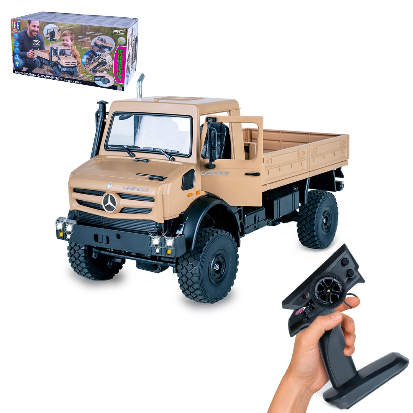 JAMARA 408310 Mercedes-Benz Unimog U5023 1:14 2,4 GHz – samochód RC Car, zdalnie sterowana ciężarówka, Crawler RC, Toy Kids, pomysł na prezent, ręczne otwieranie/zamykanie drzwi, napęd na 4 koła