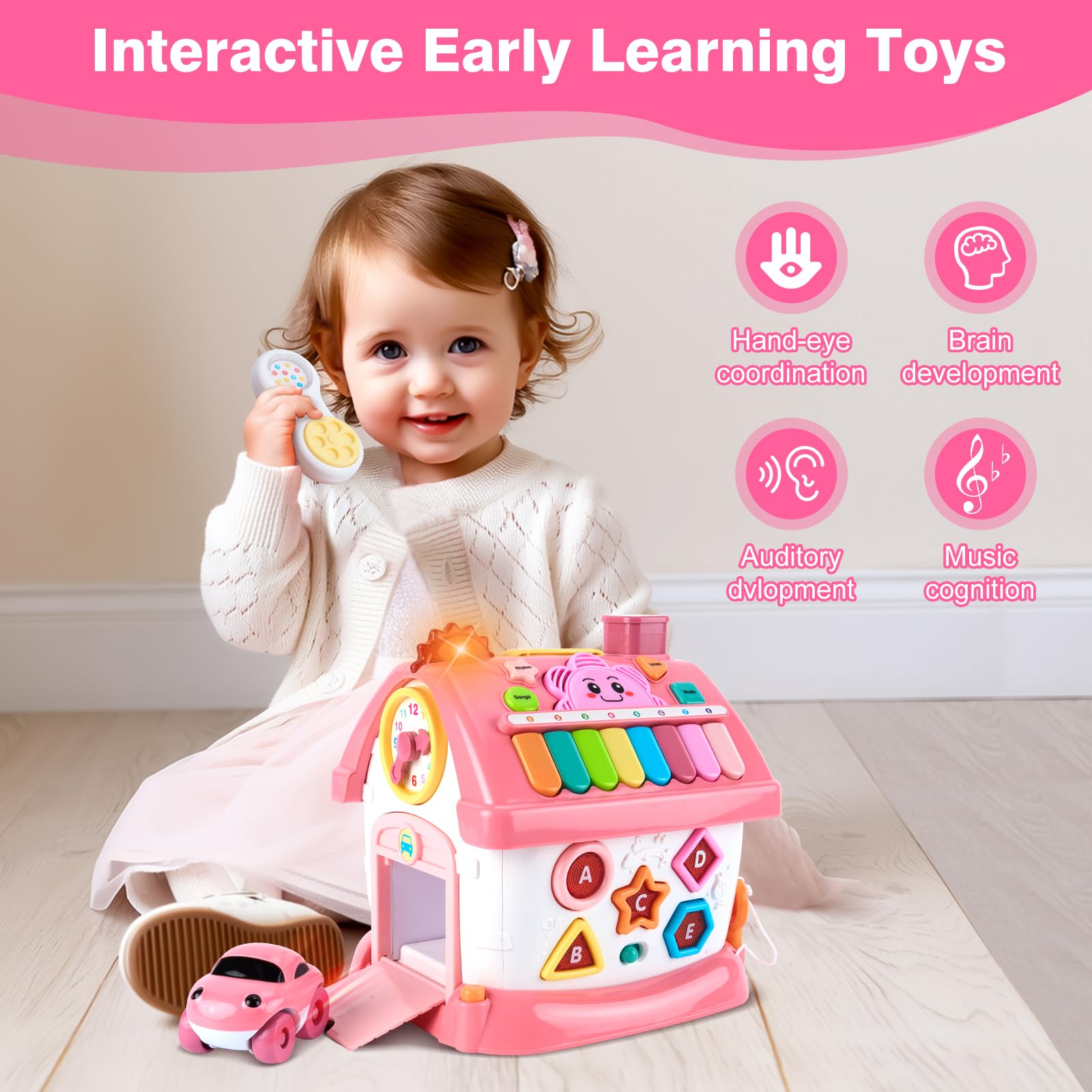 Juguetes Montessori para niñas de 1 año, regalo de cumpleaños para niña de 1 año, casa de aprendizaje musical rosa 8 en 1 con música ligera y sonora, regalos creativos para bebés de 12 a 18 4
