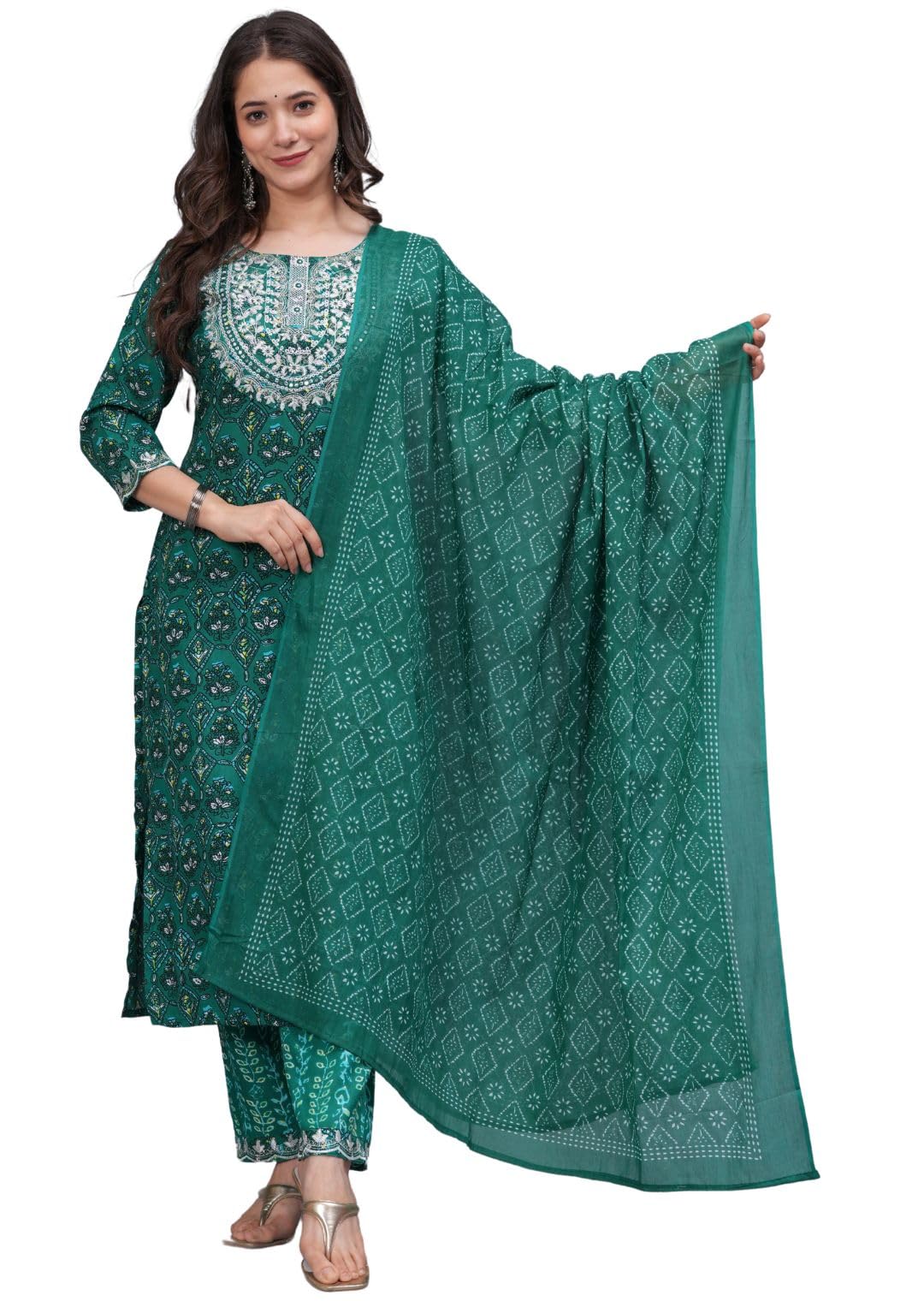 Rytras Women's Embroidered Straight Kurta Set With Palazzo Pants & Dupatta- Ethnic Wear, Green(Ryt607-New,Xl)