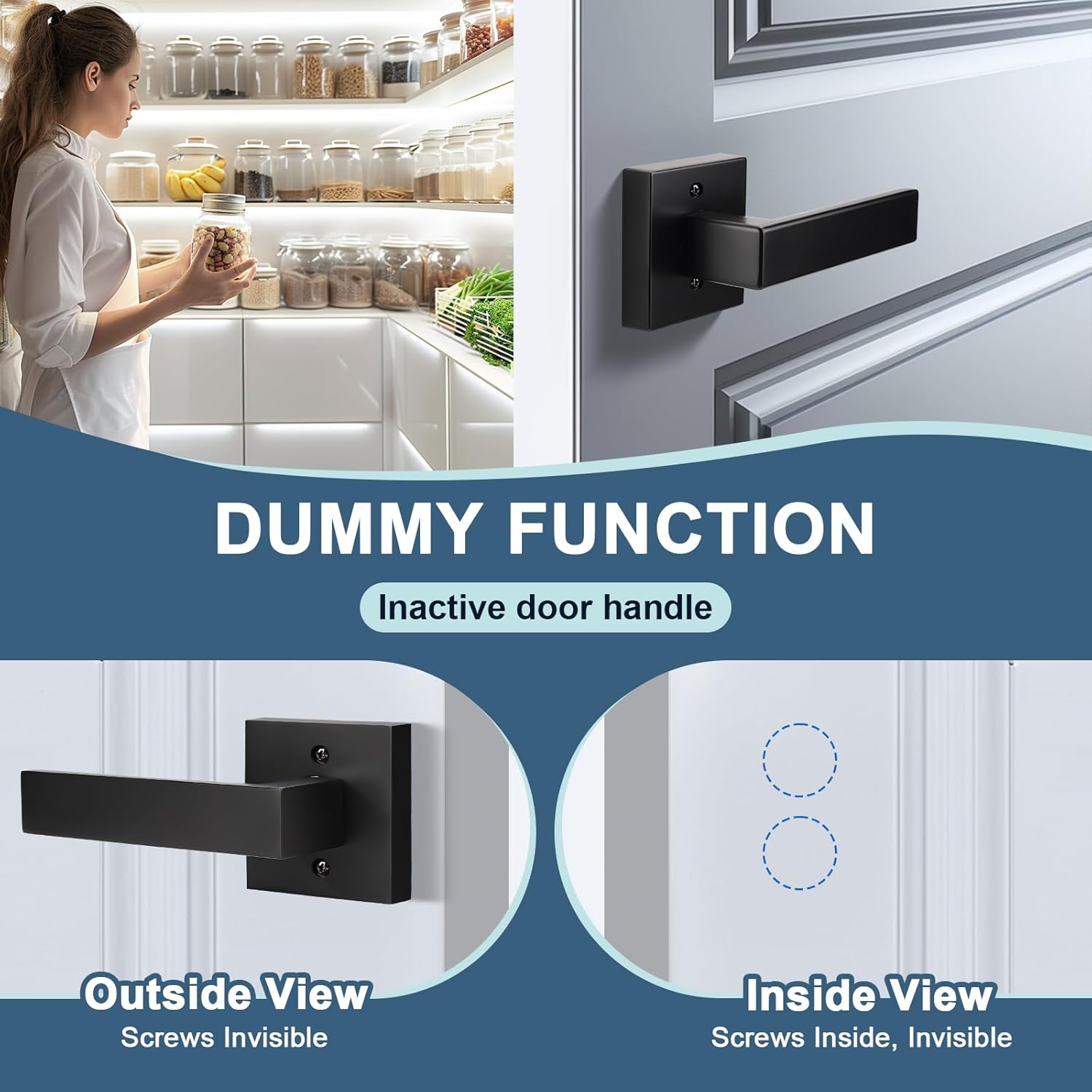 KNOBWELL 4 Pack Matte Black Dummy Door Handles Modern Square Fake Door Lever for Closet/Hallway/Pantry Interior Door Knob Single Side Door Handle