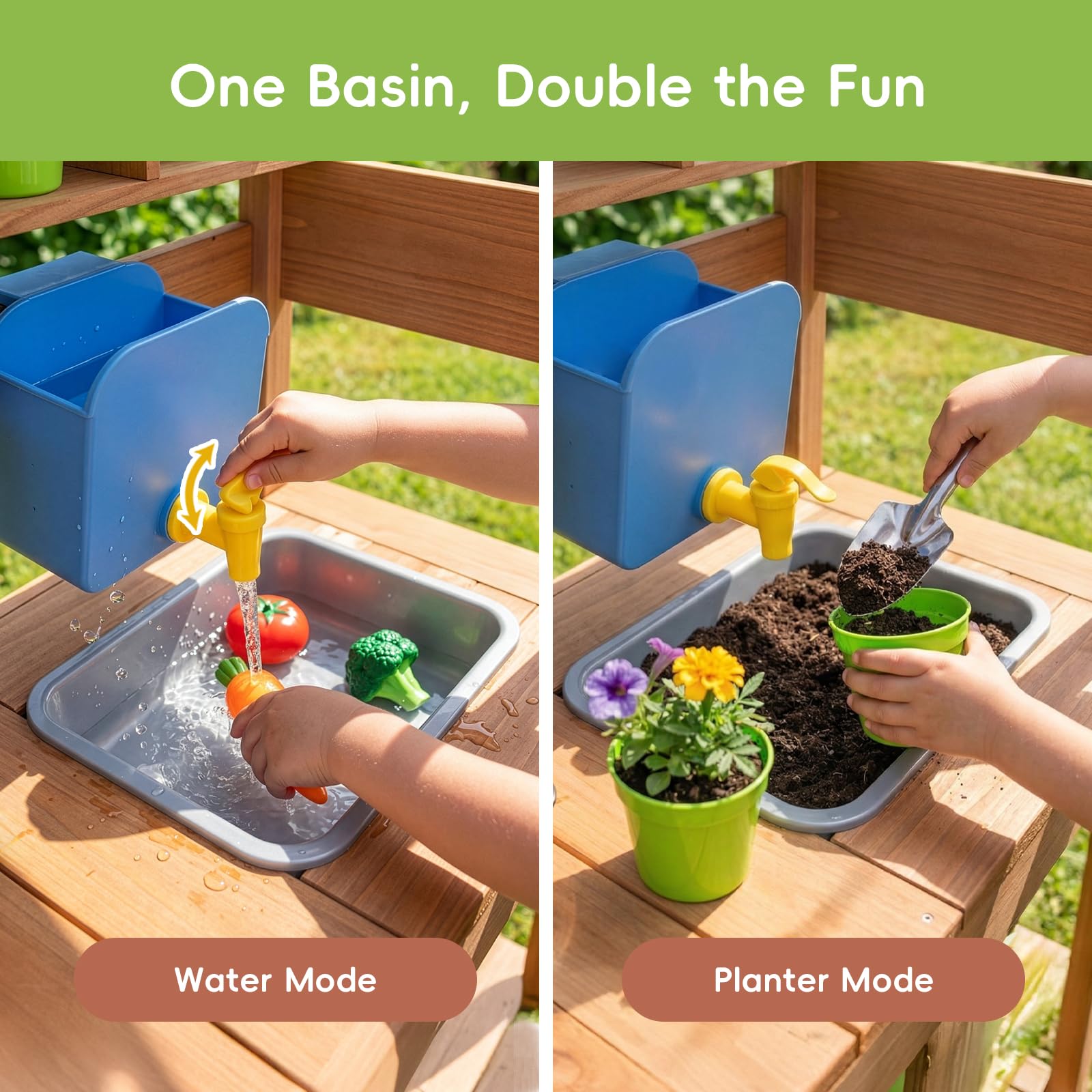 OOOK Outdoor Spielküche, Große Matschküche Outdoor aus Holz, Gartenspielküche mit Gartenspüle, Töpfen, Herd, Pflanztöpfe und Gartenwerkzeugen, Spielzeugküche für Kinder 3+