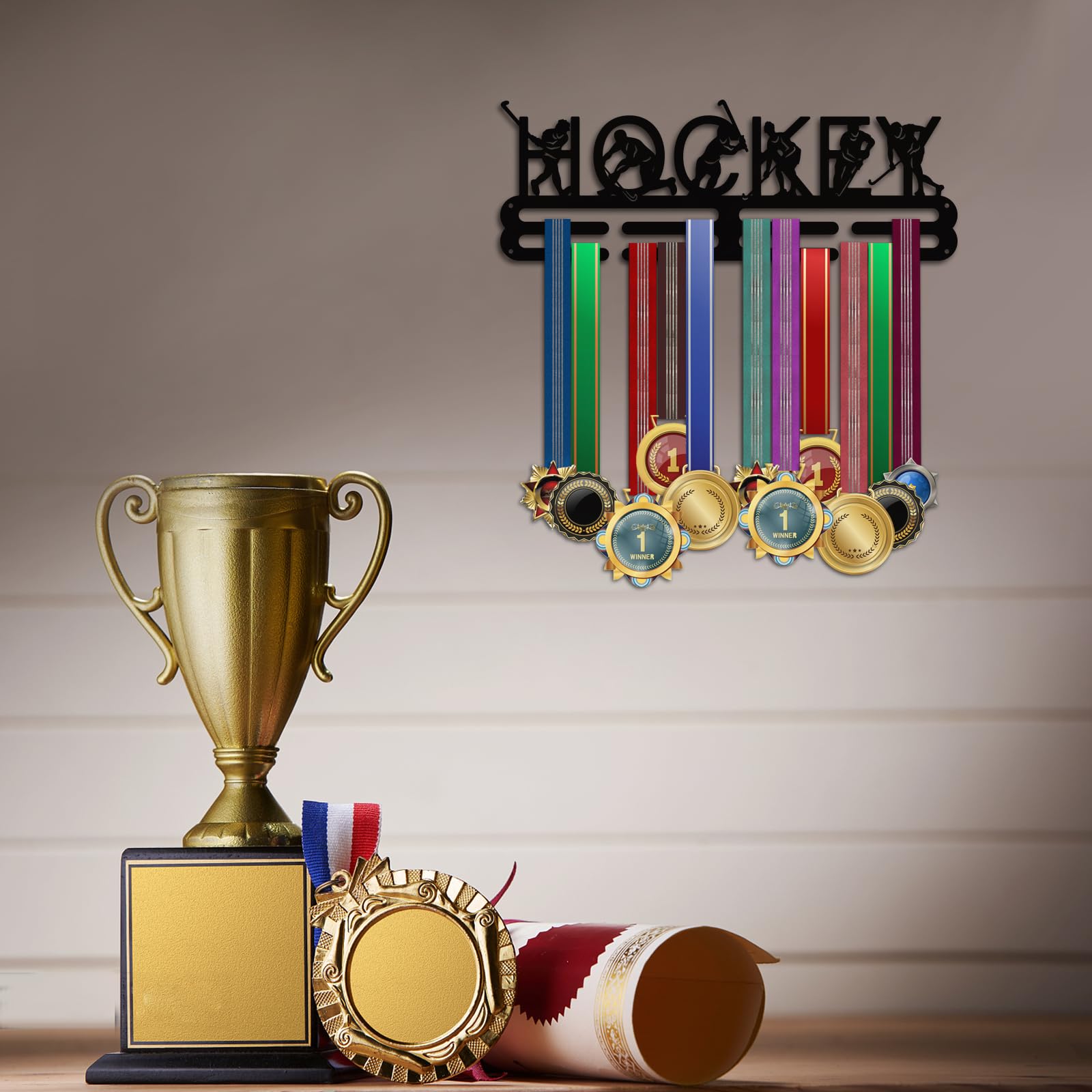 PH PandaHall Soporte para medallas de hockey, soporte para medallas de hockey, 15.7 pulgadas, colgador de cinta, exhibición de medallas, estante de pared, atletas deportivos, premios Cheer