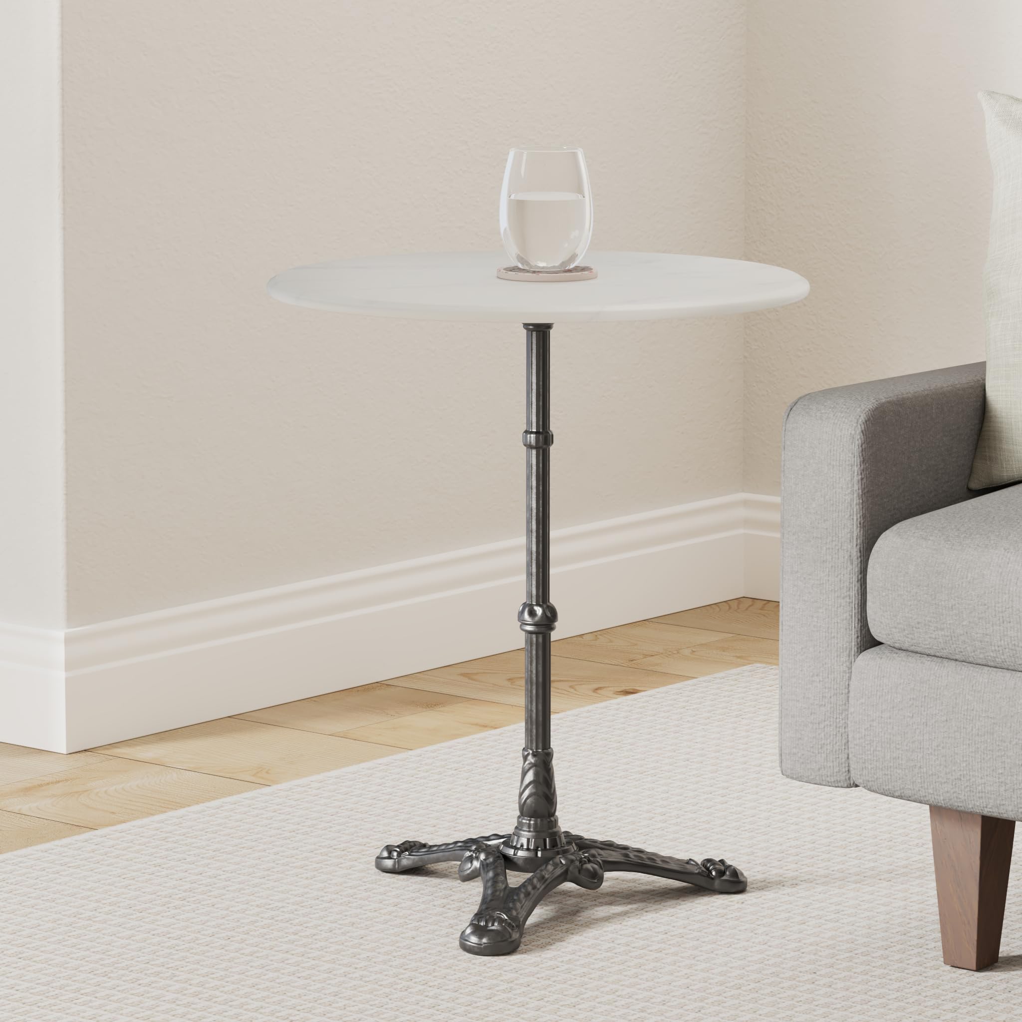 blumfeldt Patras - Mesa de bar con borde decorativo, Mesa de café con base de hierro fundido, Para interior y exterior, Resistente al agua y heladas, Ø 60 cm, Altura 71 cm, Blanco