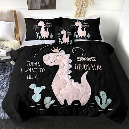 Sleepwish Dinosaur Bed Comforter Kids Bedding Set for Boys Girls 4 Piece Pink Dinosaur Princess Black Comforters King Set Soft and Comfortable Machine Washable
