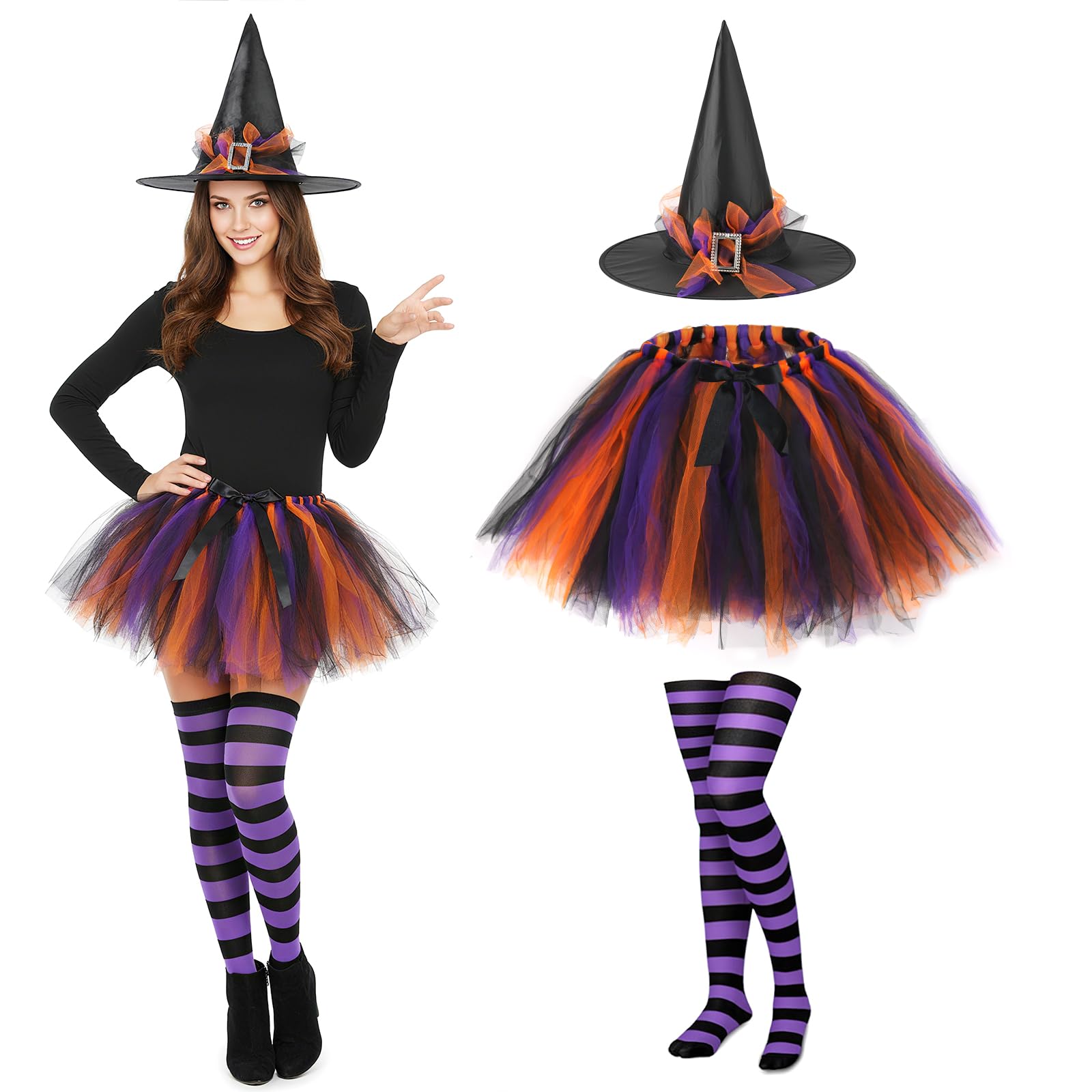 Beipegin Witches Costume Women Tutu Skirt Witches Hat and Stockings Witch Outfit Adult Halloween Costumes for Women (black multicolored)