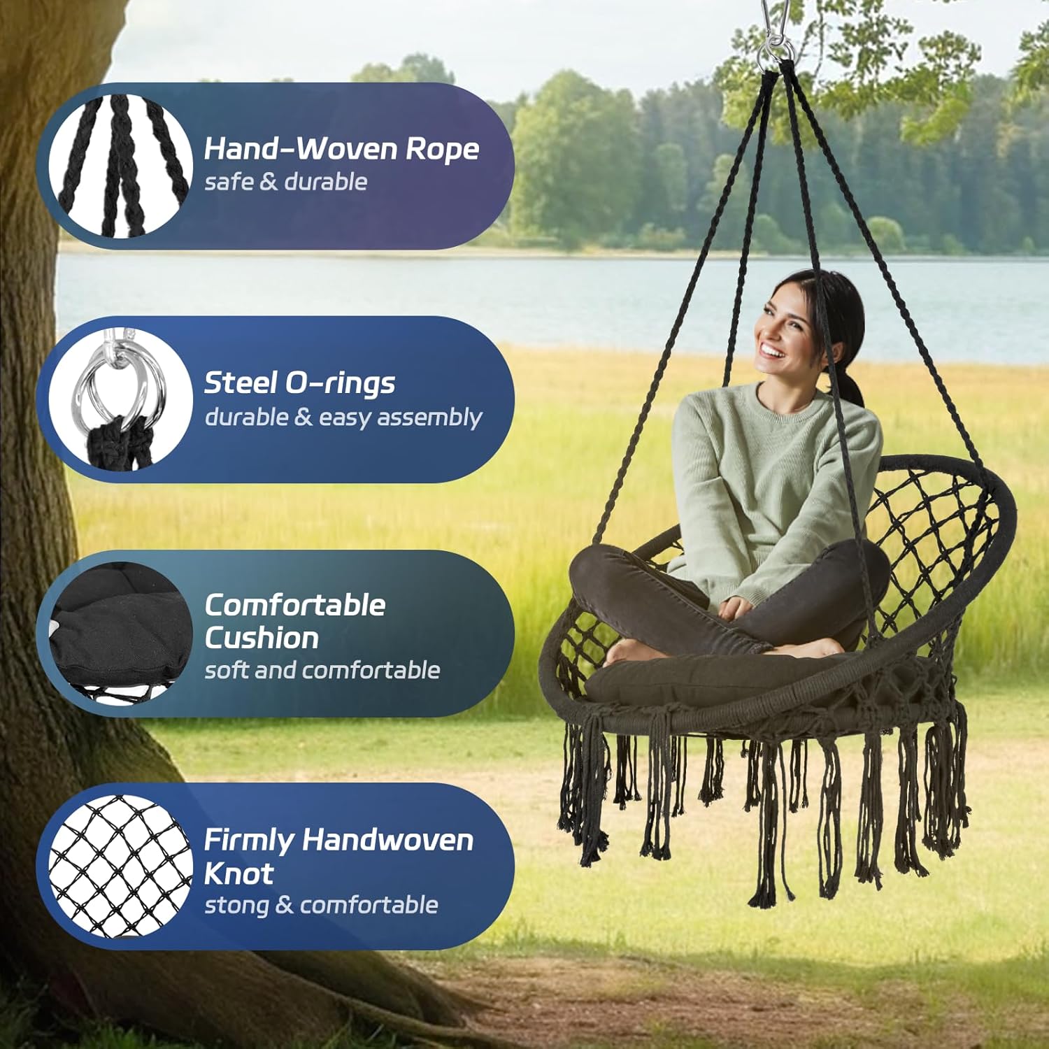 Hanging Swinging Chair, Macrame Hammock Hanging Swinging Chairs with Soft Cushions and Hardware Accessories, Hanging Chair for Indoor and Outdoor Use, 3 Installation Methods, Beige (1, Black)