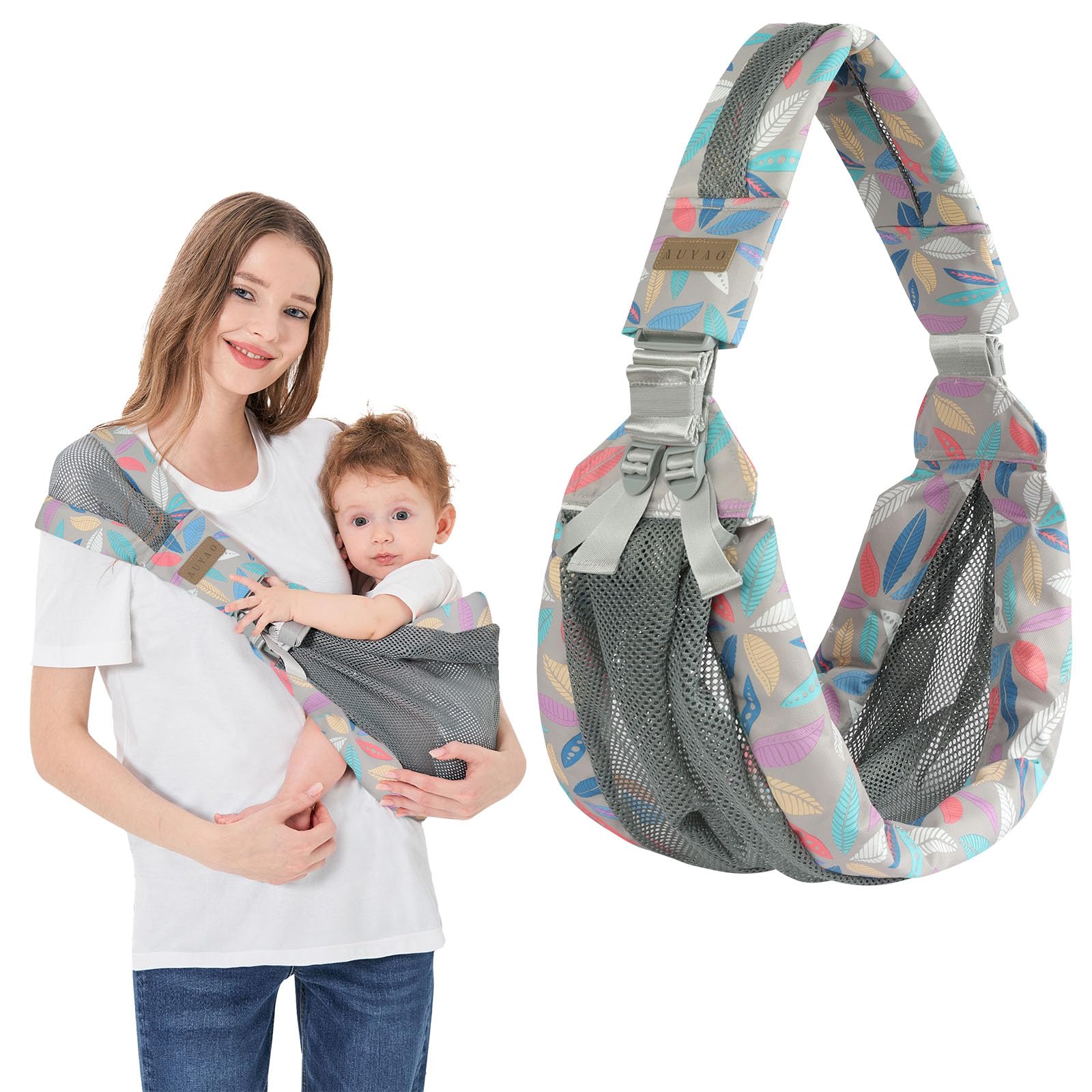 AUYAO Baby Sling Carrier Portable Breathable Toddler Sling Thick Shoulder Strap 3D Mesh Wrap Sling Wrap Baby Carrier Adjustable Baby Hip Sling Carrier for Newborn Up to 0-36 Month(Leaf Pattern)