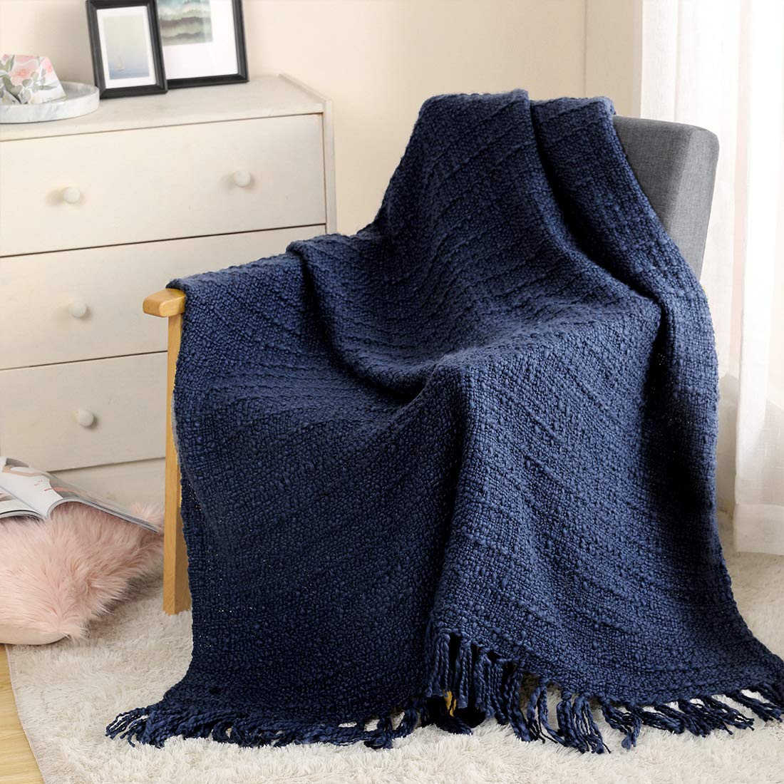 Thick Chunky Navy Blue Knitted Throw Blanket for Couch Chair Sofa Bed, Chic Boho Style Textured Basket Weave Pattern Blank...
