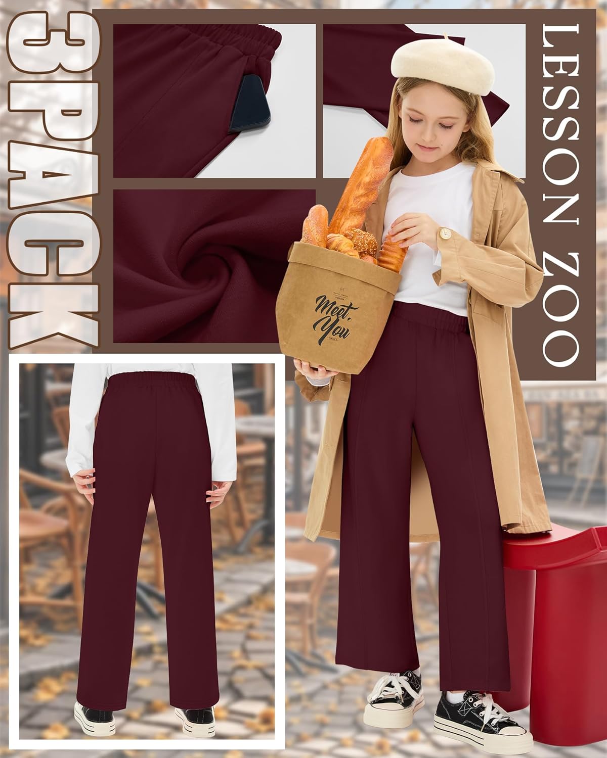 3 Pack Girls Sweatpants Teen Front Seam Straight Leg Pants Kids Open Bottom Wide Leg Loose Joggers with Pockets - Image 5