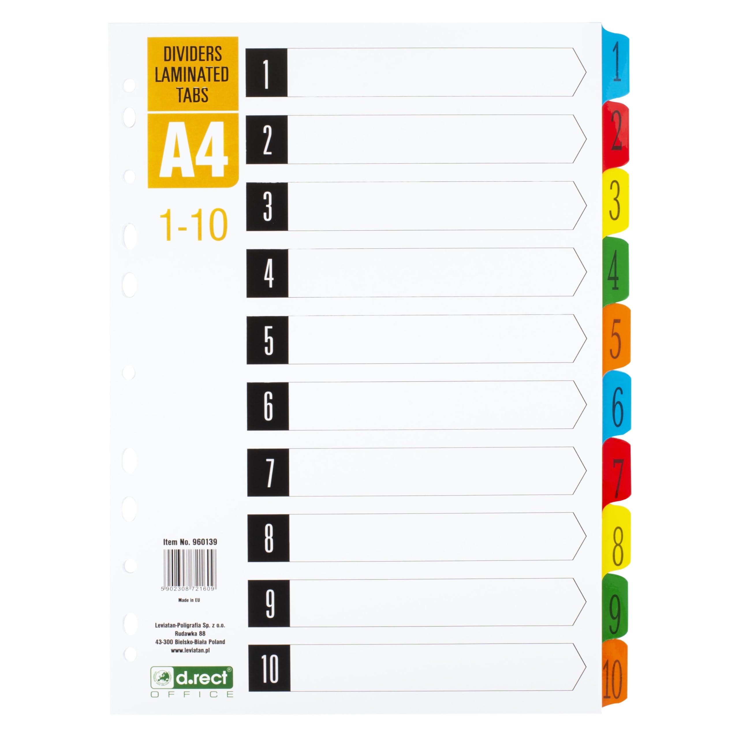 D.RECT A4 Colour Coded Laminated Index Tabs 1-10