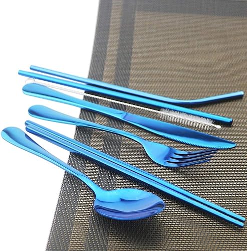 Miniatura 3 de JASHII Juego de cubiertos portátiles de 8 piezas, incluye cuchillo, tenedor, cuchara, palillos, pajitas, bolsa portátil para viajes, trabajo,
