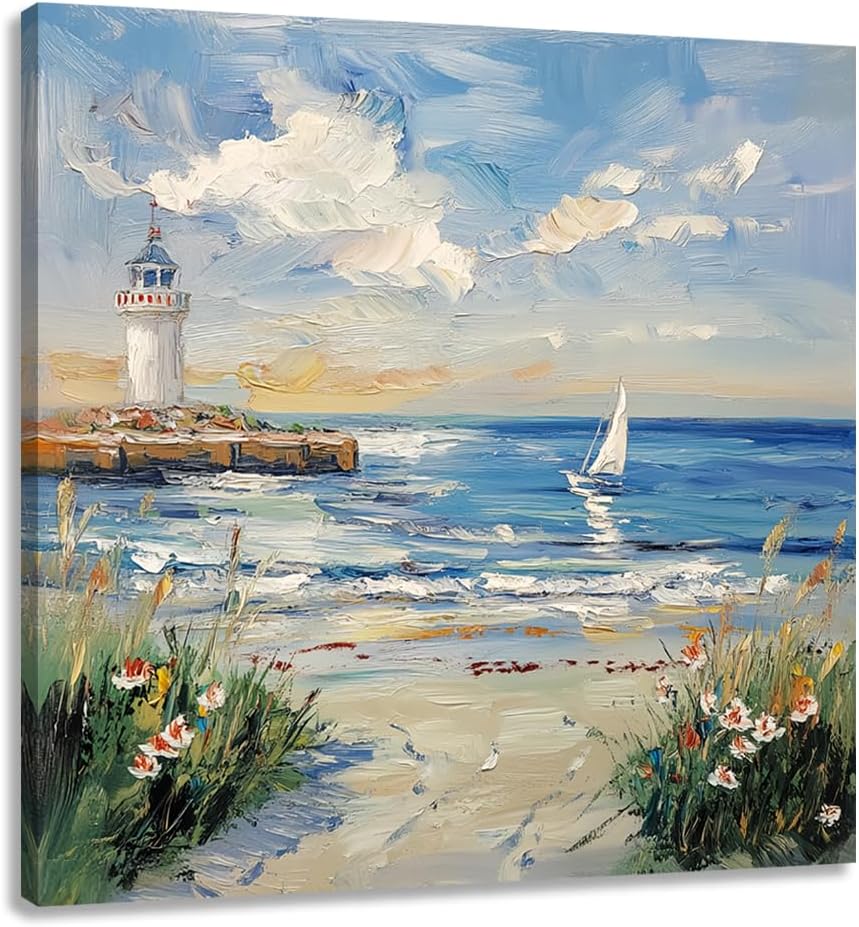 EUROPICART Coastal Lighthouse Canvas Wall Art, Beach Seascape Oil Painting, 24 x 24 inches An-09 24"L x 24"W