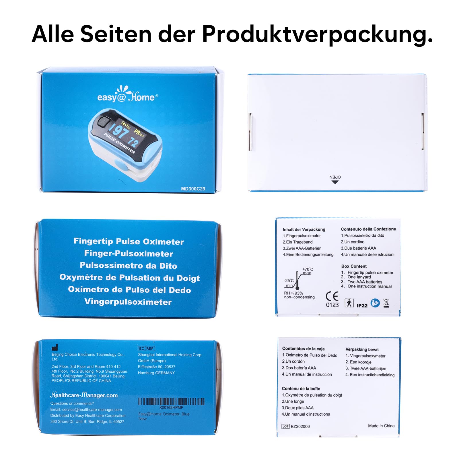 Easy@Home Pulsoximeter Oximeter Fingerpulsoximeter zur Messung der Sauerstoffsättigung (SpO2) Herzfrequenz PI Drehbares OLED-Display tragbarem Umhängeband Nylontasche - Blau