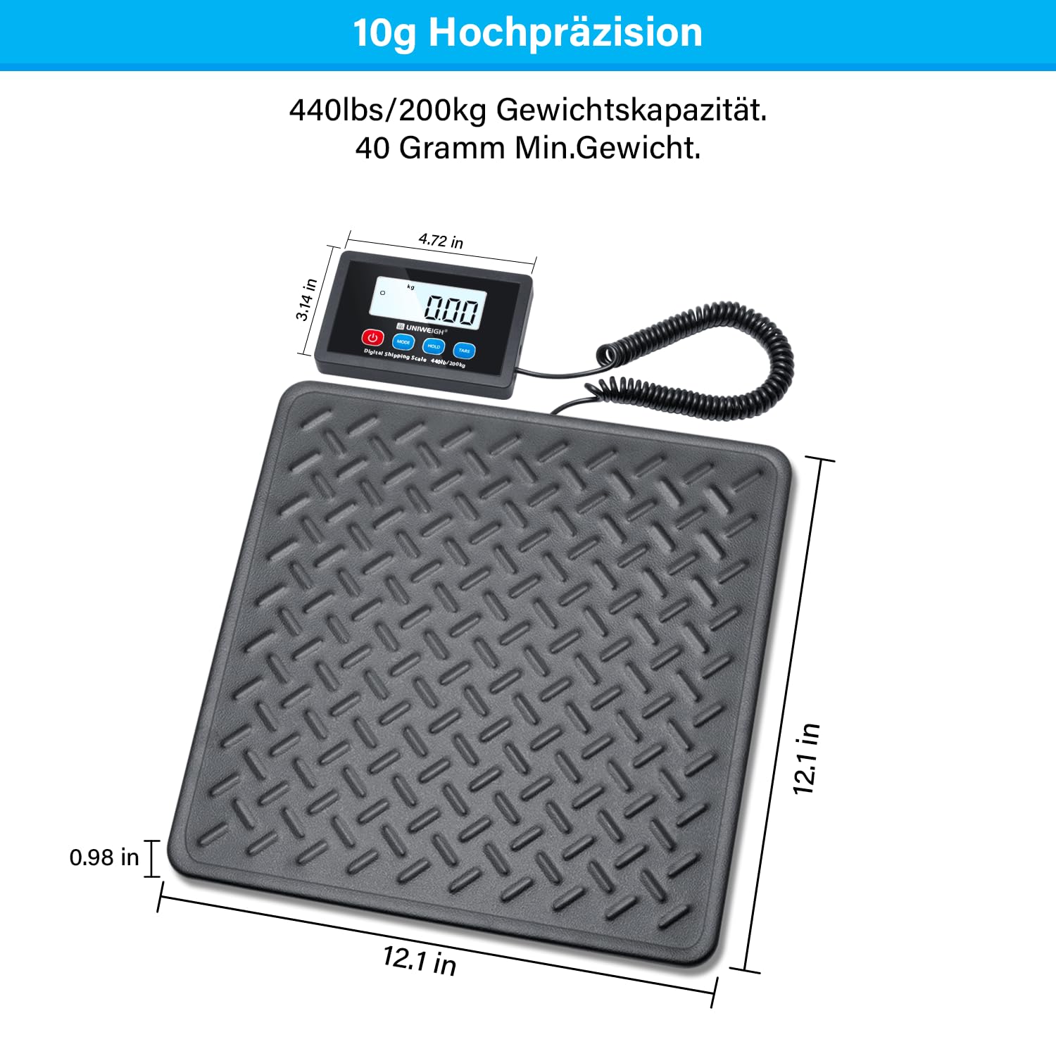 UNIWEIGH Postwaage 440lbs x 10g Digitale Portowaage Schwerlastwaage Paketwaage LCD Hold Tara