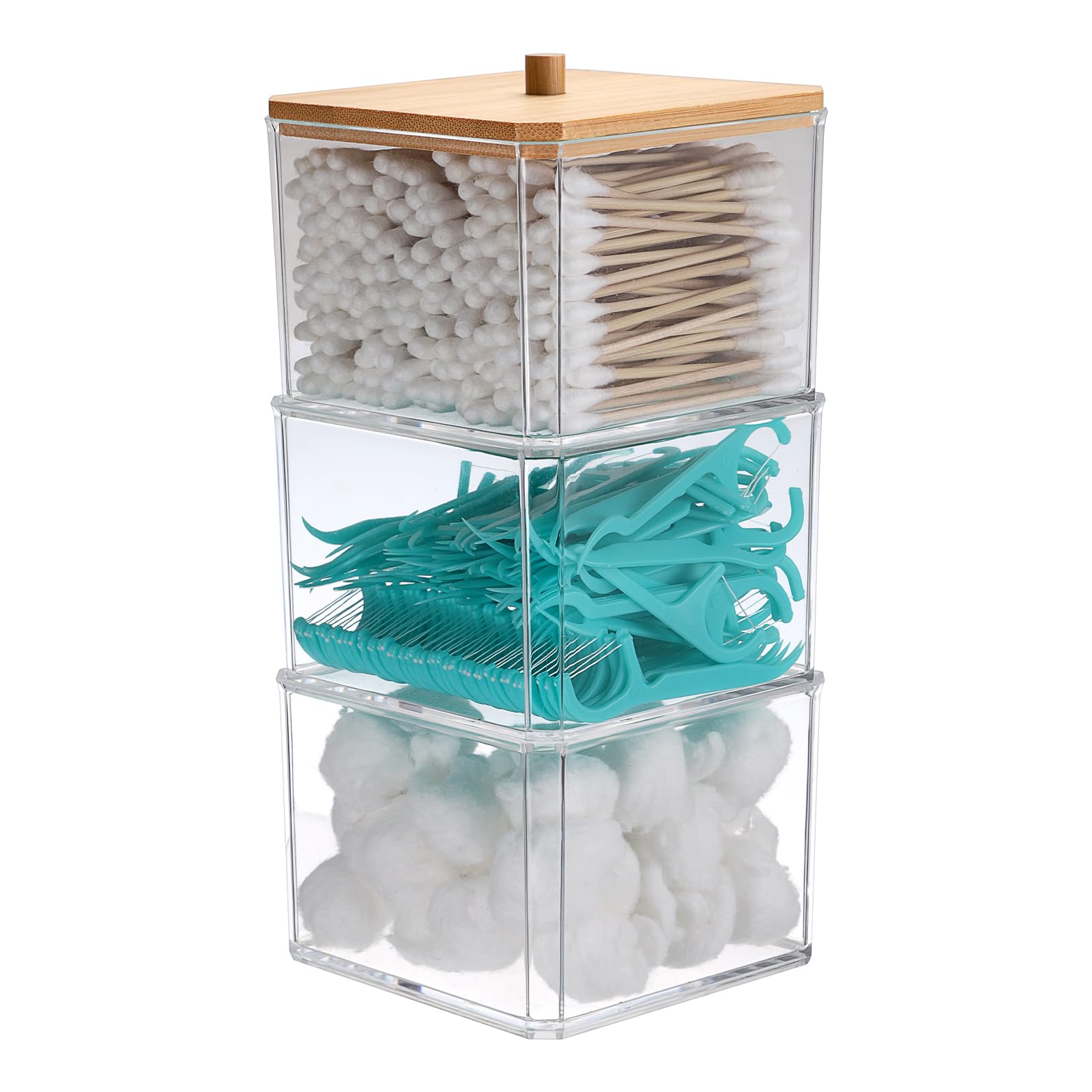 Hipiwe 3 Tiers Acrylic Cotton Swab Organizer Clear Qtip Holder with Lid Stackable Bathroom Accessories Storage Box for Office Living Room Bathroom,