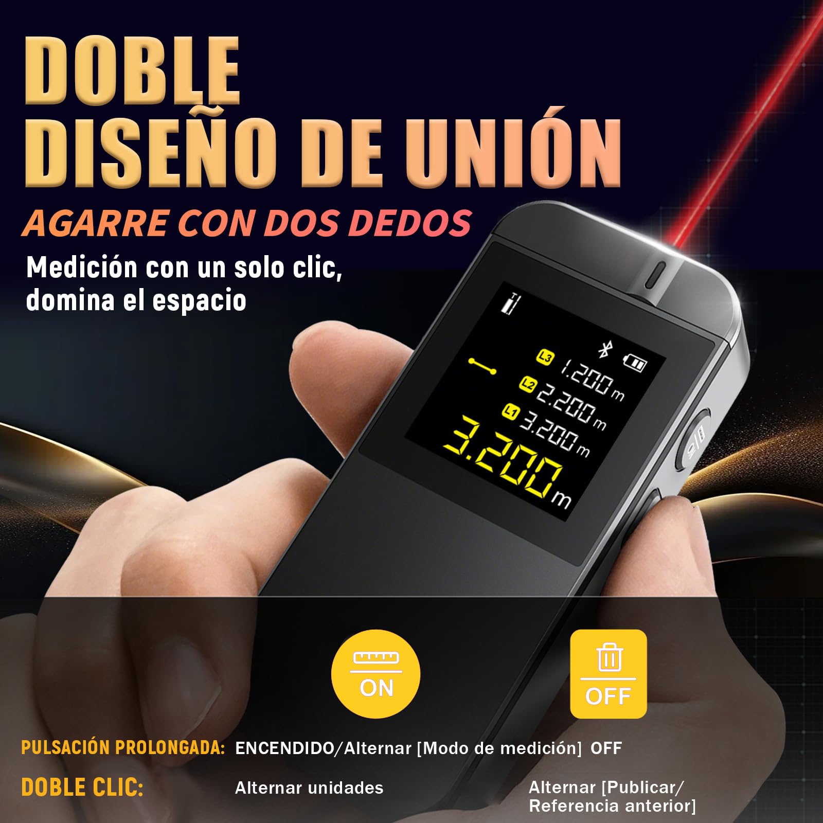Telémetro Láser IR40 40m, Precisión ±2 mm, Medidor Laser Distancia con Bluetooth, Pantalla de Giro Automático, 8 Modos, Batería Recargable, para Bricolaje, Mide Distancia, Superficie, Volumen y Altura