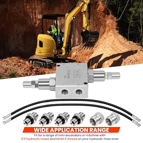 Mini Excavator Hydraulic Cushion Valve kit,1/4 Hydraulic Hoses and M14x1.5 Threaded Ends with Hydraulic Swivel Motor Buffer Dual Crossover Relief Cushion Valve