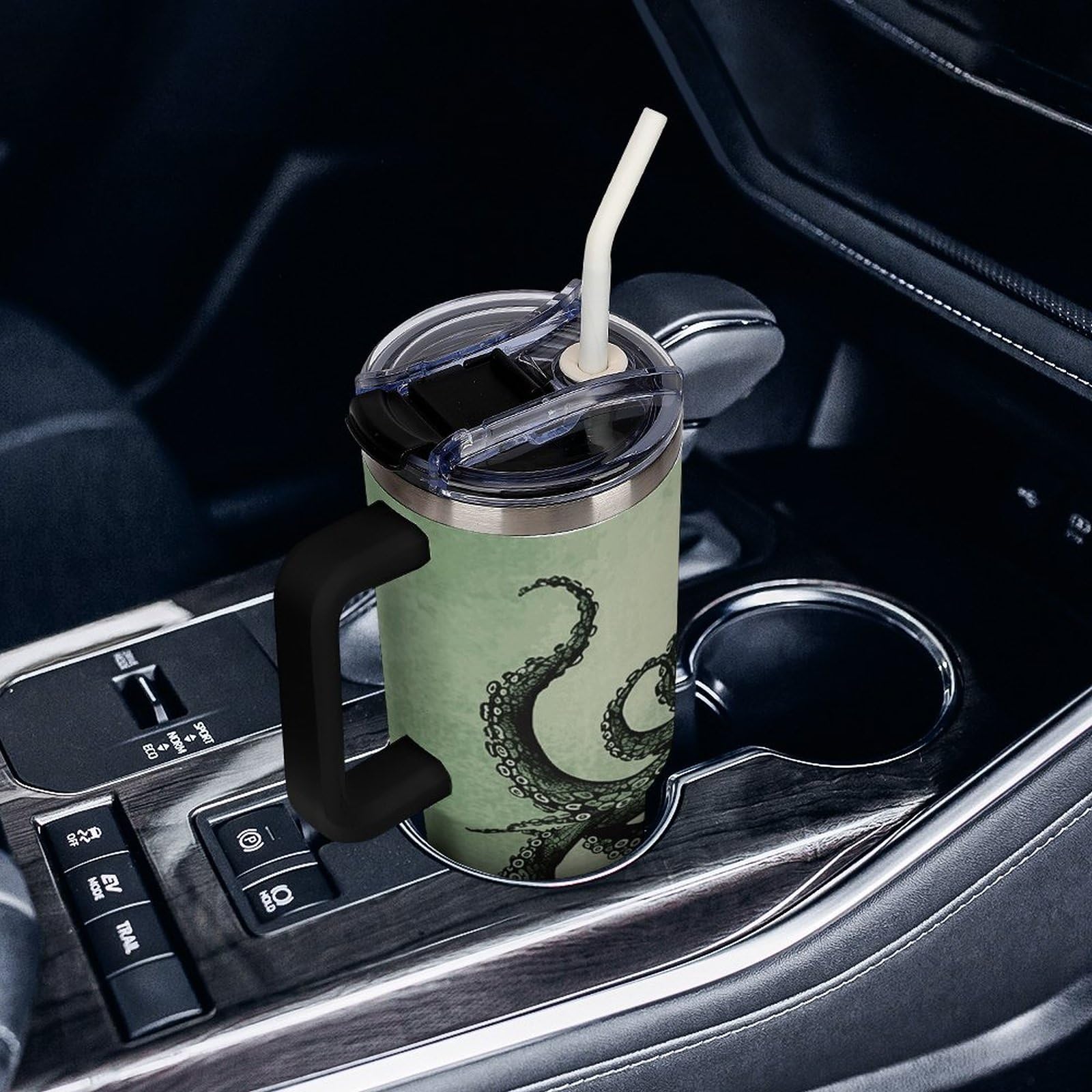 Autobecher aus 304 Edelstahl, 1,2 l, grüner Oktopus-Becher mit Strohhalm und auslaufsicherem Deckel, großes Fassungsvermögen, vakuumisolierter Reisebecher für Auto-Becherhalter