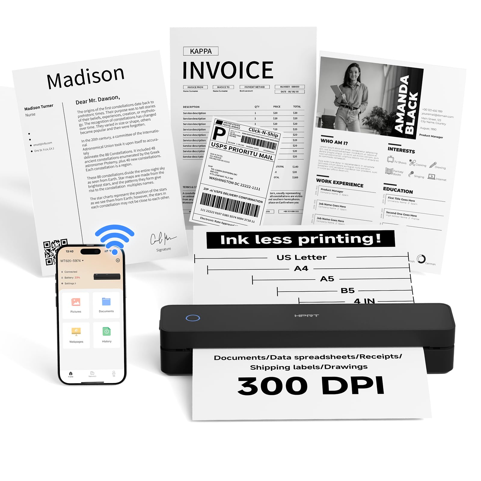HPRT Portable Printer Wireless for Travel,Inkless Thermal Printer Ink-Black