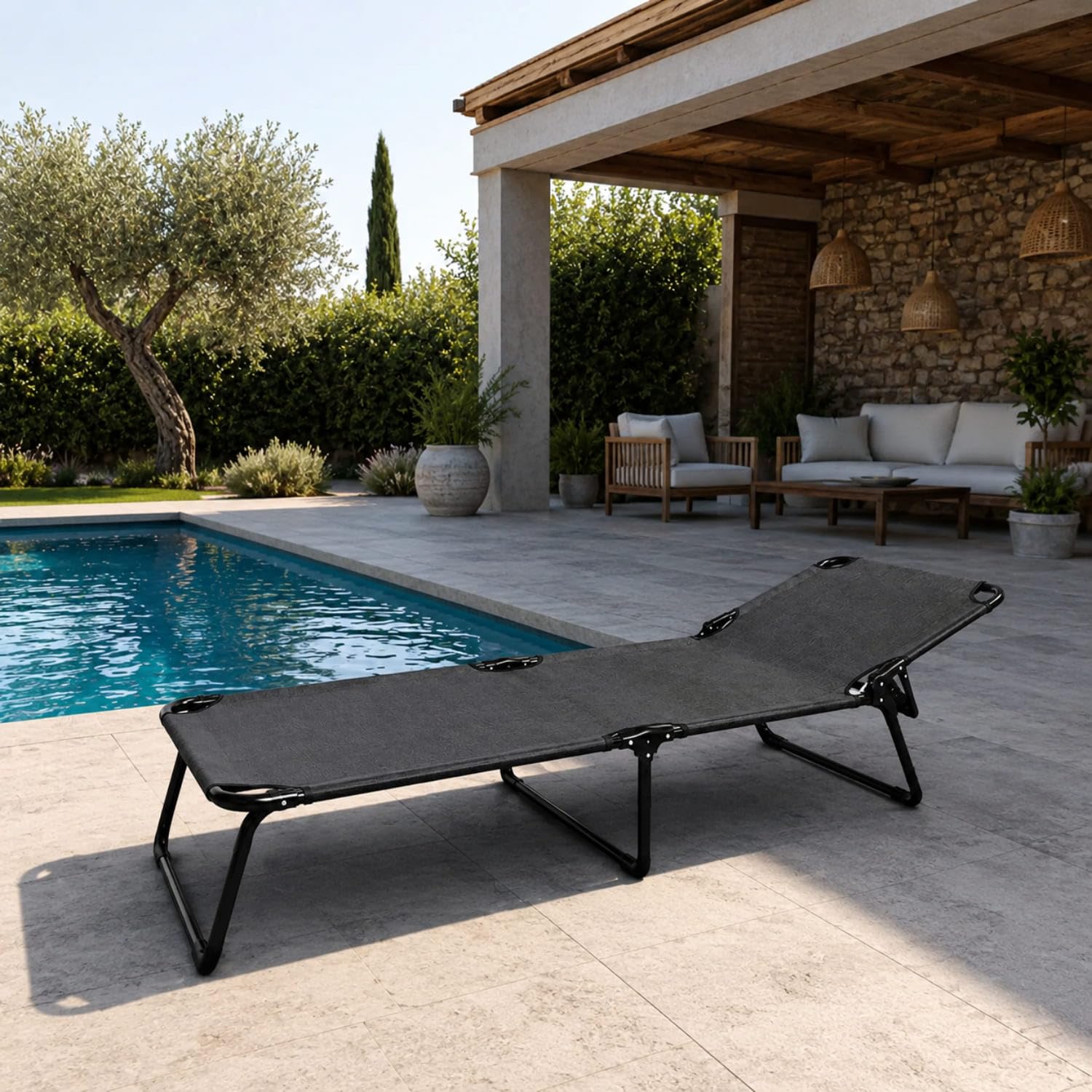 Lettino Pieghevole Prendisole Schienale Reclinabile Struttura Metallo Nero 187x53x24 cm Grigio Scuro