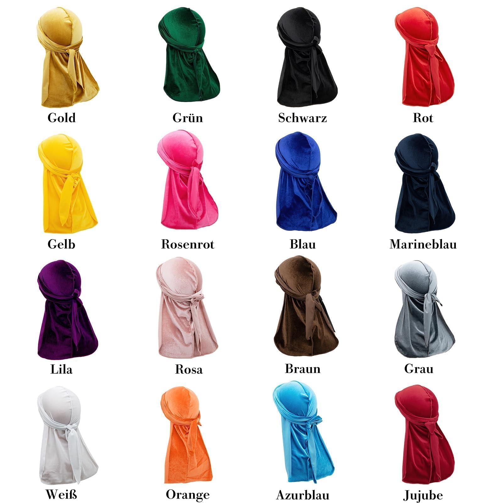 16 pezzi velluto Durags per 360 Waves, foulard lunghi Durag unisex in raso, cappello turbante pirata per tutti i giorni, feste, costumi, 16 colori