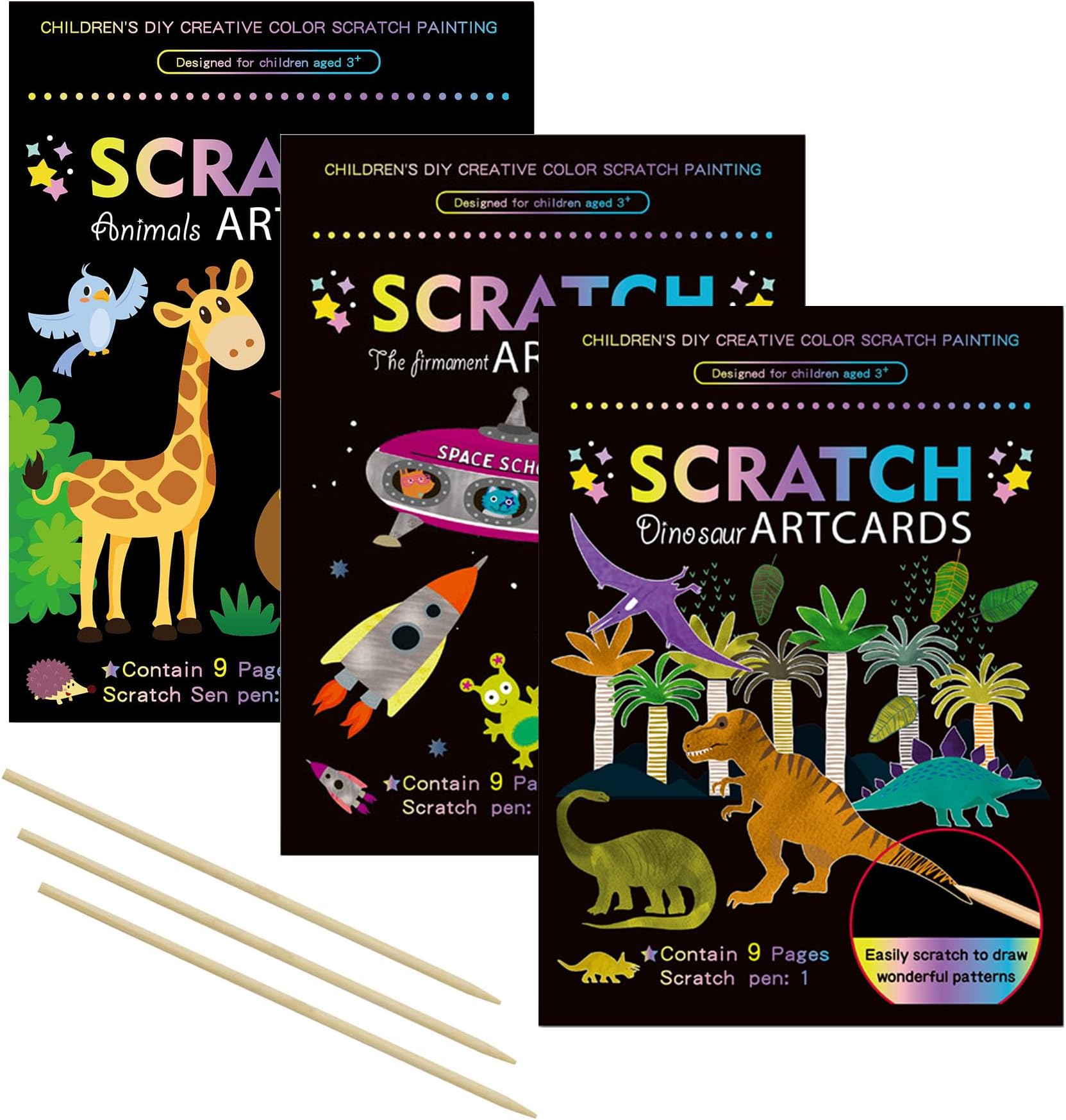 3 Set Magic Scratch Paper Art, Colorful Magic Drawing Art Book with 3 Scratch Pen for Birthday Halloween Christmas Party Games Projects Kits （Dinosaurs/Spaceman/Giraffe）