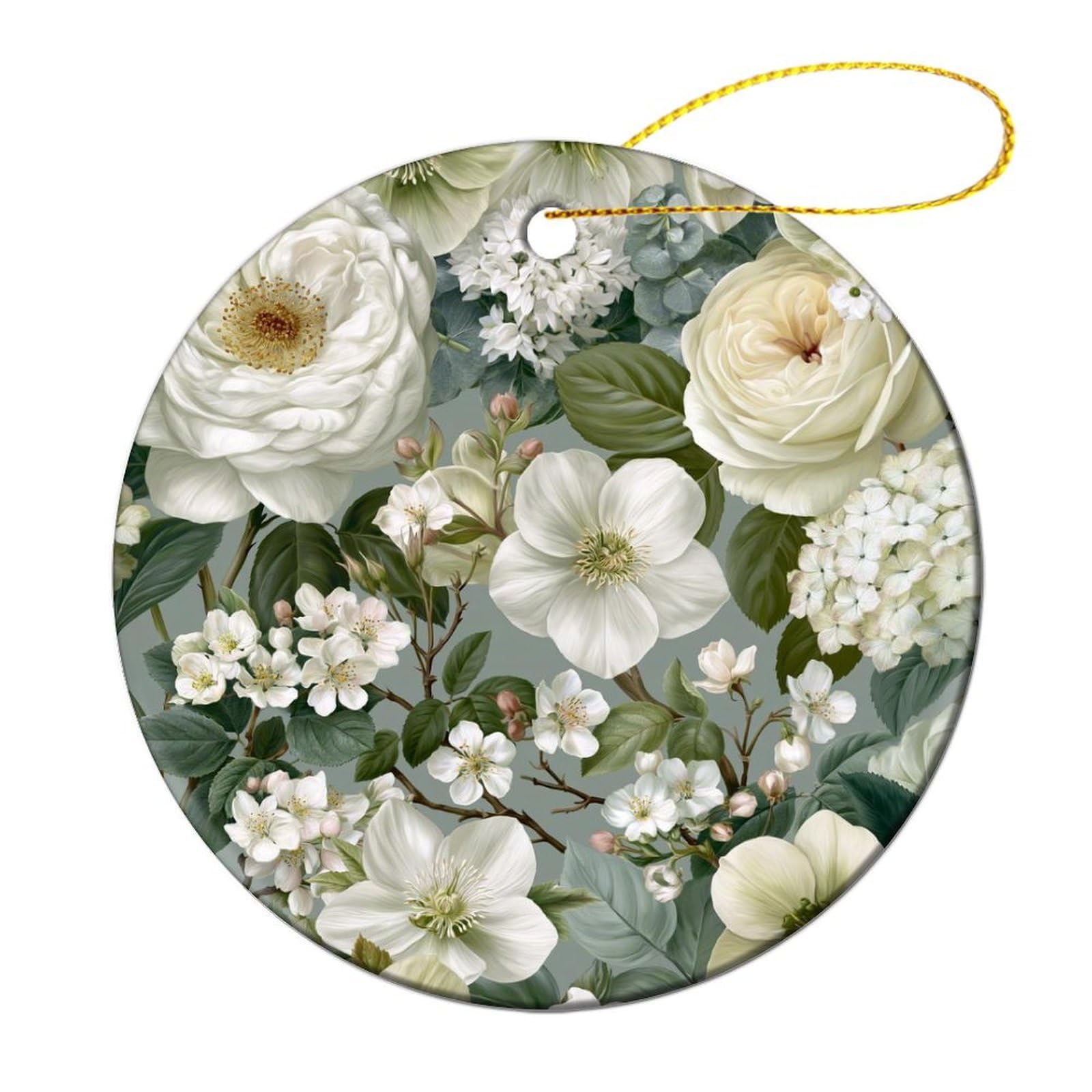 Luxury Botanical White Roses Hydrangeas Clusters Christmas Tree Hanging Ornaments,2 Pieces, 7.2CM Round Double-Sided