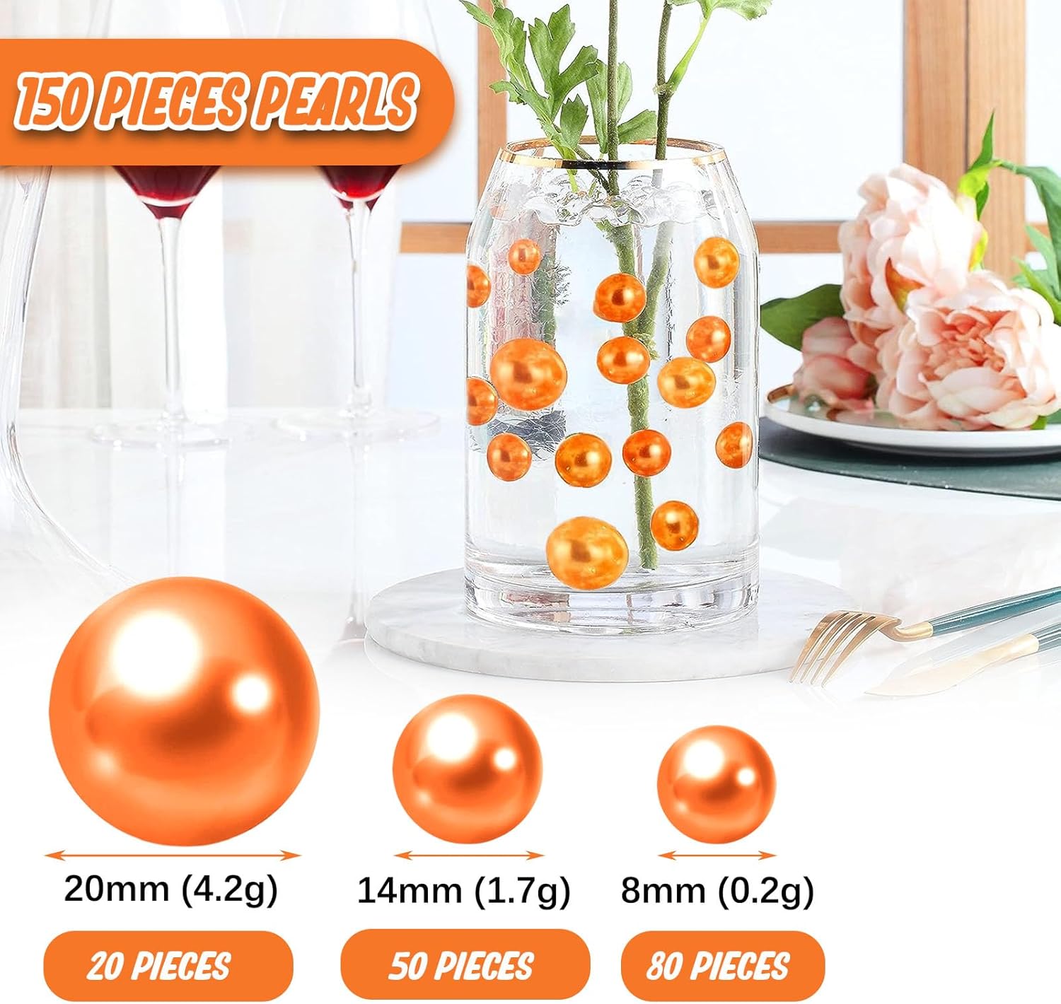 Orange Vase Filler | 150PCS Pearls Bead for Centerpieces Vases | 8/14/20 mm No Hole Beads, Fake Pearls for Wedding Birthday Easter Theme Party Table Centerpieces Decor - Image 2
