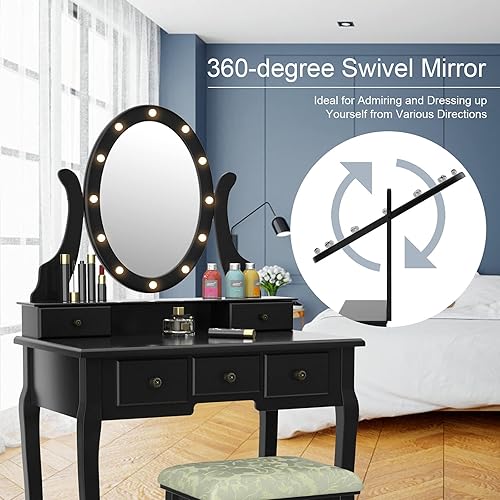 Miniatura 4 de AUGESTER - Juego de tocador de maquillaje iluminado, juego de tocador con 12 luces, espejo ovalado giratorio de 360°, 5 cajones deslizantes,