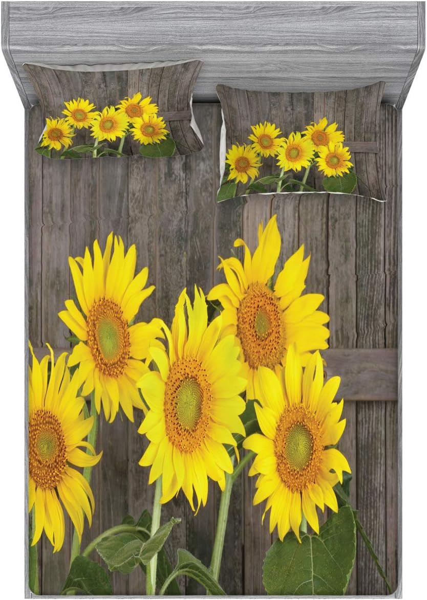 Ambesonne Sunflower Fitted Sheet & Pillow Sham Set, Helianthus Sunflowers Against Weathered Aged Fence Summer Garden Photo, Decorative Printed 3 Piece Bedding Decor Set, Queen, Brown Yellow