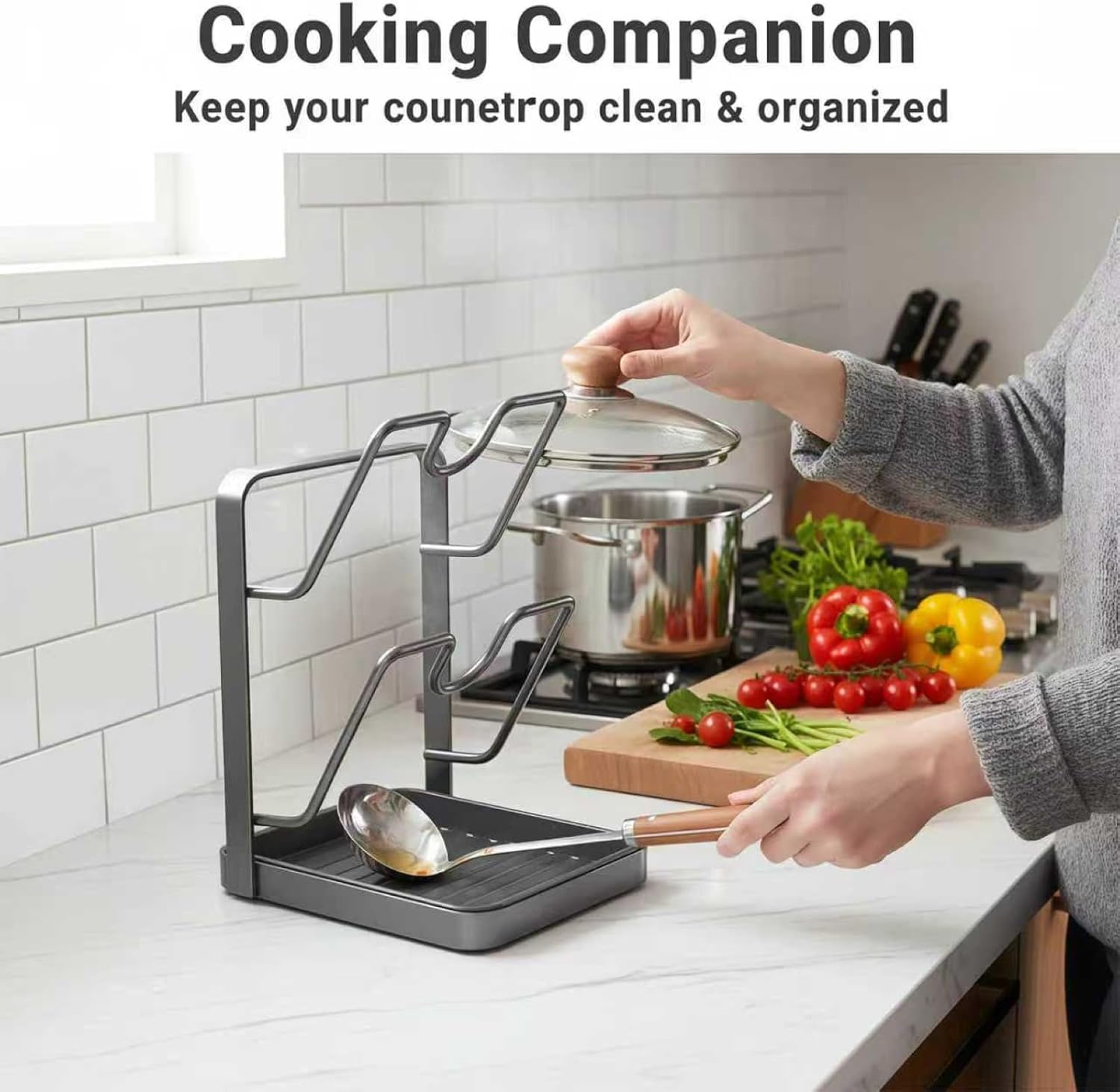 キッチンポット蓋収納ラック、トレイ付き鍋蓋ホルダー、調理中の蓋ホルダー、蓋とスプーンレスト、コンロトップ用多機能キッチンオーガナイザ