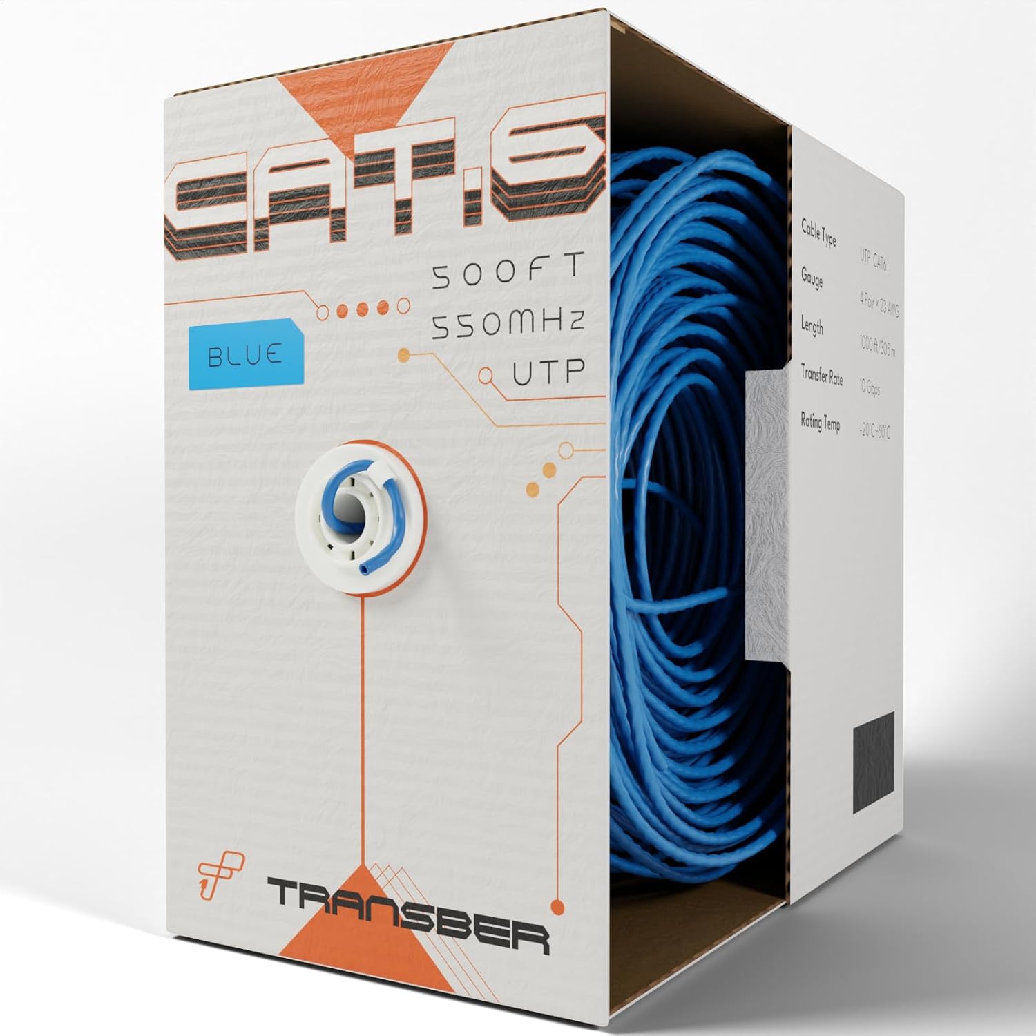 CAT6 500ft Ethernet Cable Solid UTP Up to 10Gbps 550Mhz 23AWG 4x2 Pair Bulk Cable Network PoE++/4PPoE LAN Wire 500-feet Easy Pull Box (Blue)