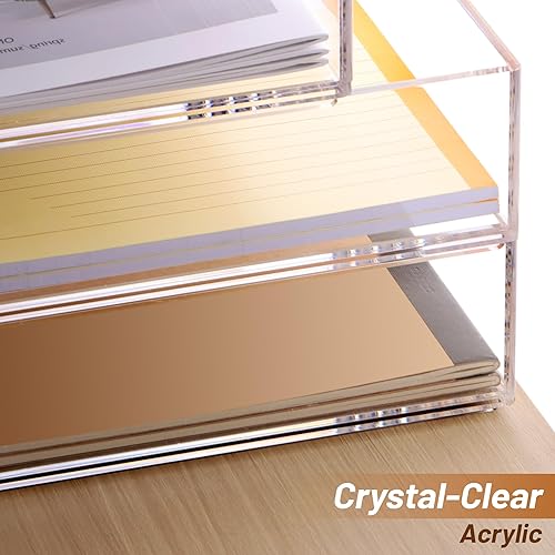 Miniatura 7 de SANRUI Bandeja organizadora de papel de 2 niveles con cajón deslizante, organizador de escritorio apilable, bandeja de papel acrílico para oficina,