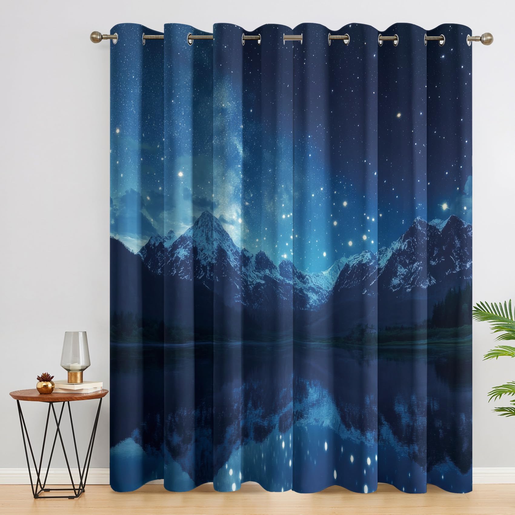 Berg-Vorhänge für Schlafzimmer und Wohnzimmer, 167 x 137 cm (B x H), Sternenhimmel-Verdunkelungsvorhänge, Landschafts- und Naturmotiv Vorhänge Botanischt Thermo Gardinen mit Ösen, 2er Set