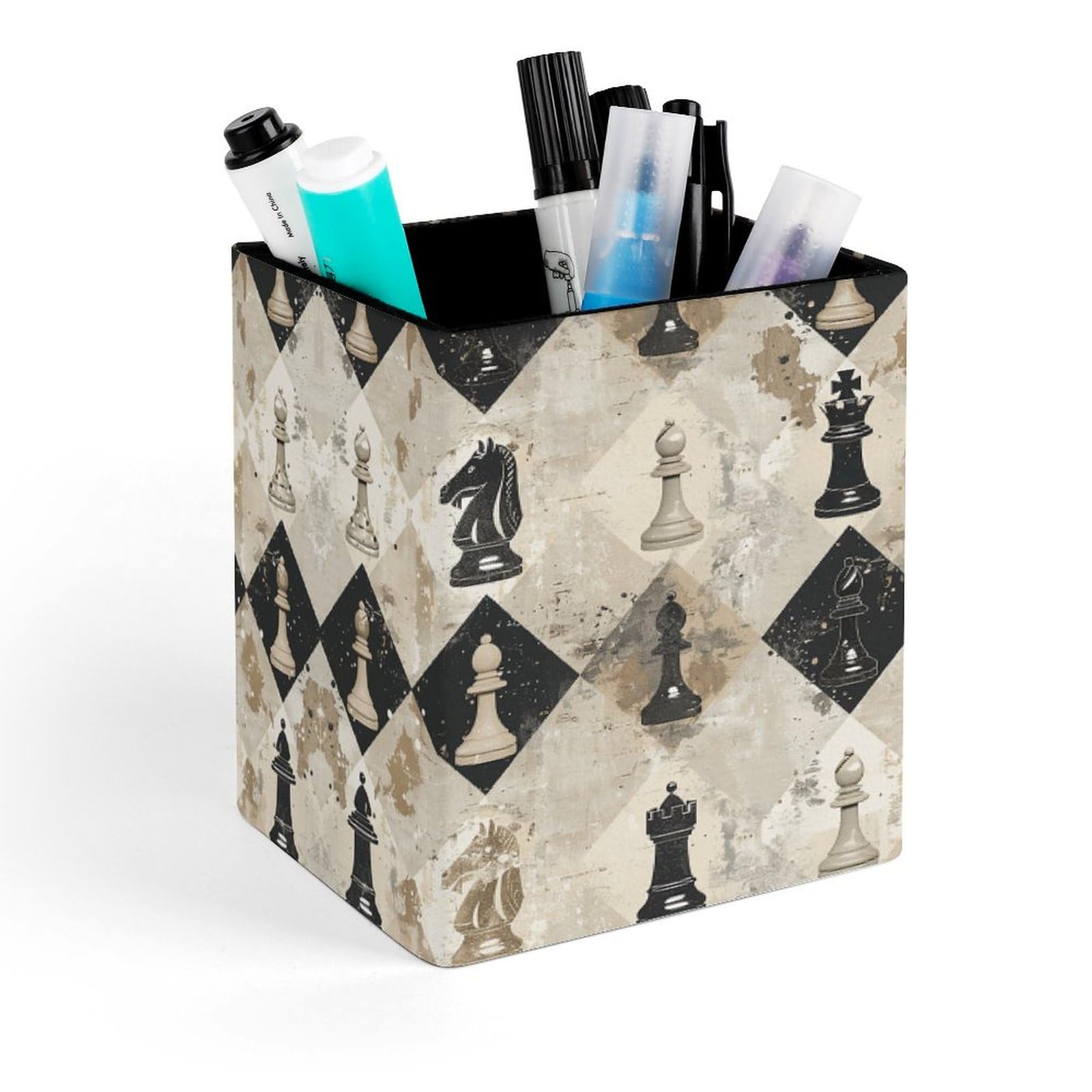 HKMNTGD Square Leather Pen Holder for Desk,Chess Piece Brown Pattern Printed Cartoon Theme Printed Square Pens Pencils Holder Cup,Desktop Organizer
